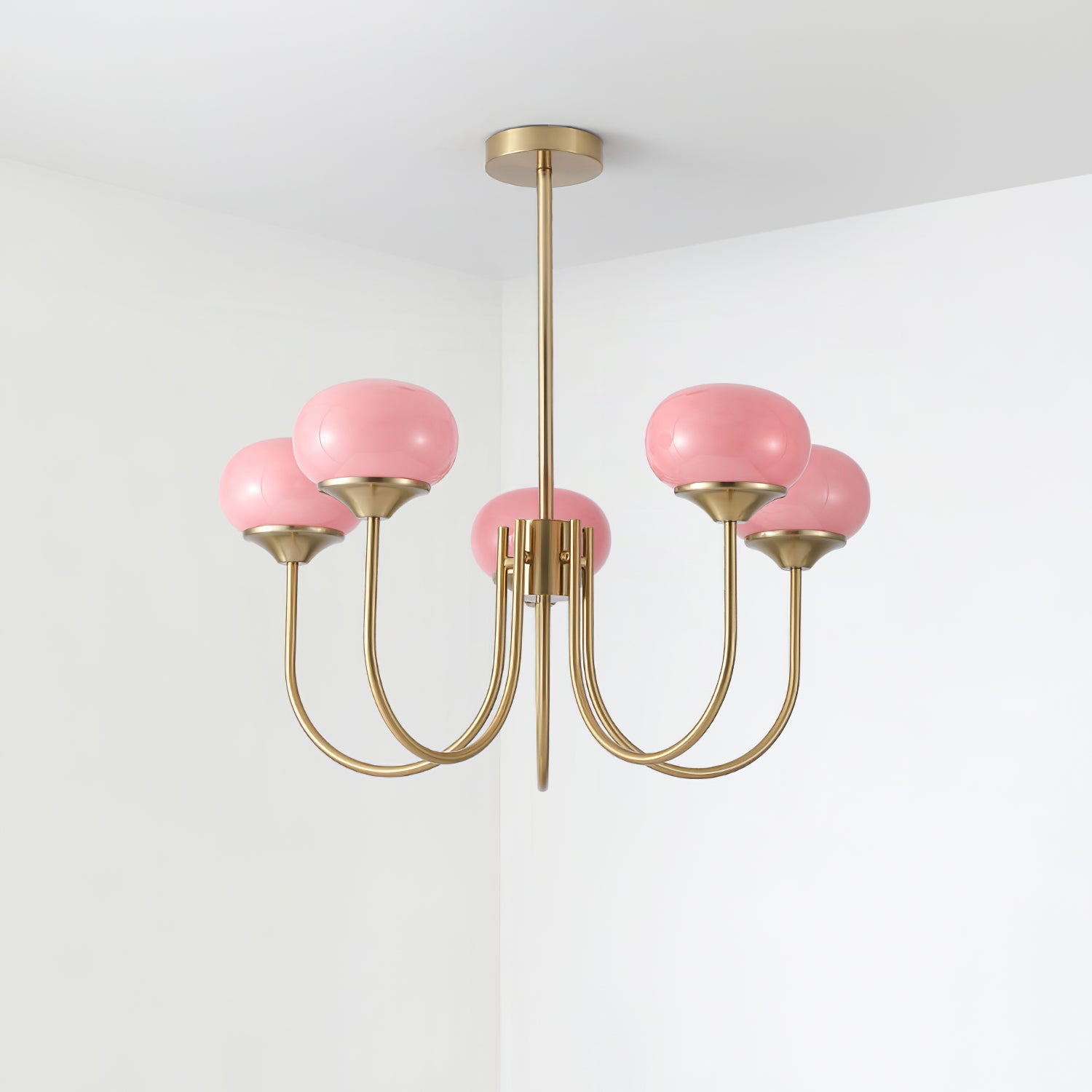 Lustra Chandelier Pink Glass Globe Gold - Neutral Decor