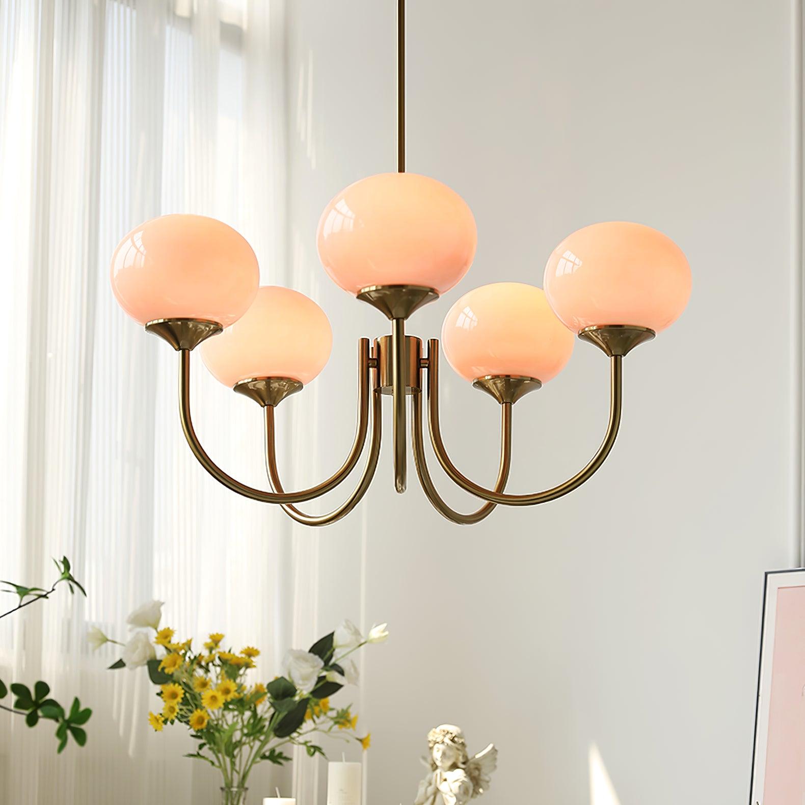 Lustra Chandelier Pink Glass Globe Gold - Neutral Decor