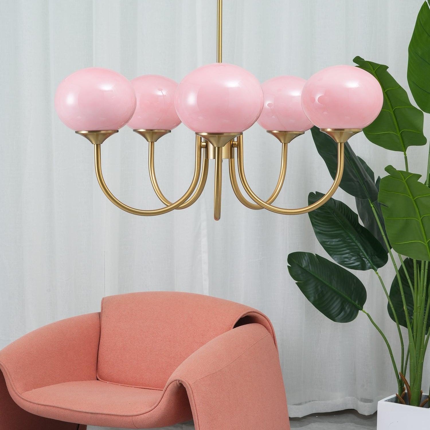 Lustra Chandelier Pink Glass Globe Gold - Neutral Decor