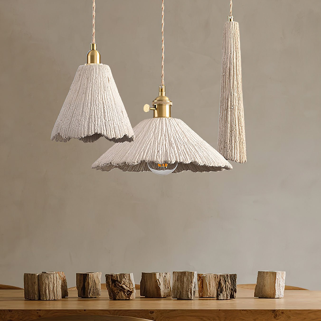 Microcement Pendant Lamp Adjustable Fabric Shade - Neutral Decor