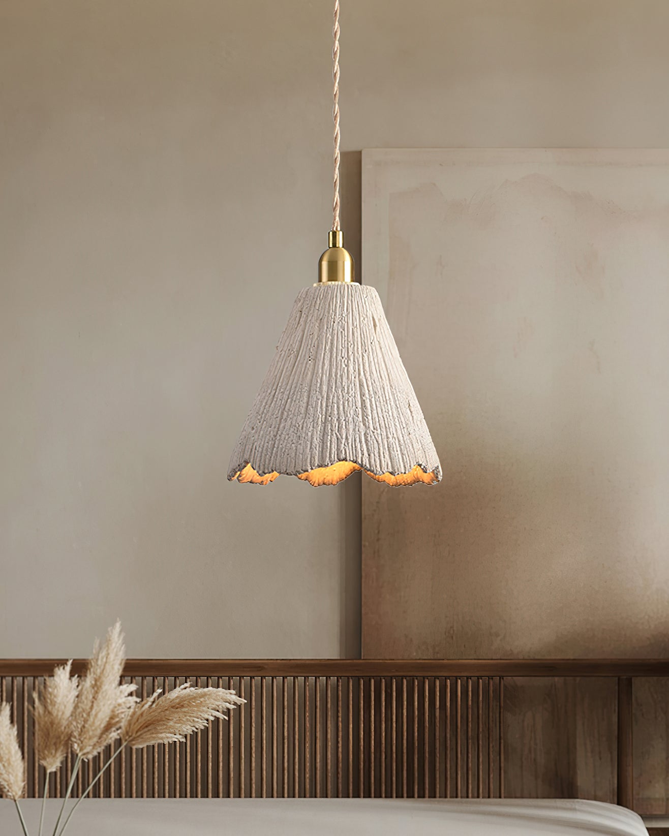 Microcement Pendant Lamp Adjustable Fabric Shade - Neutral Decor