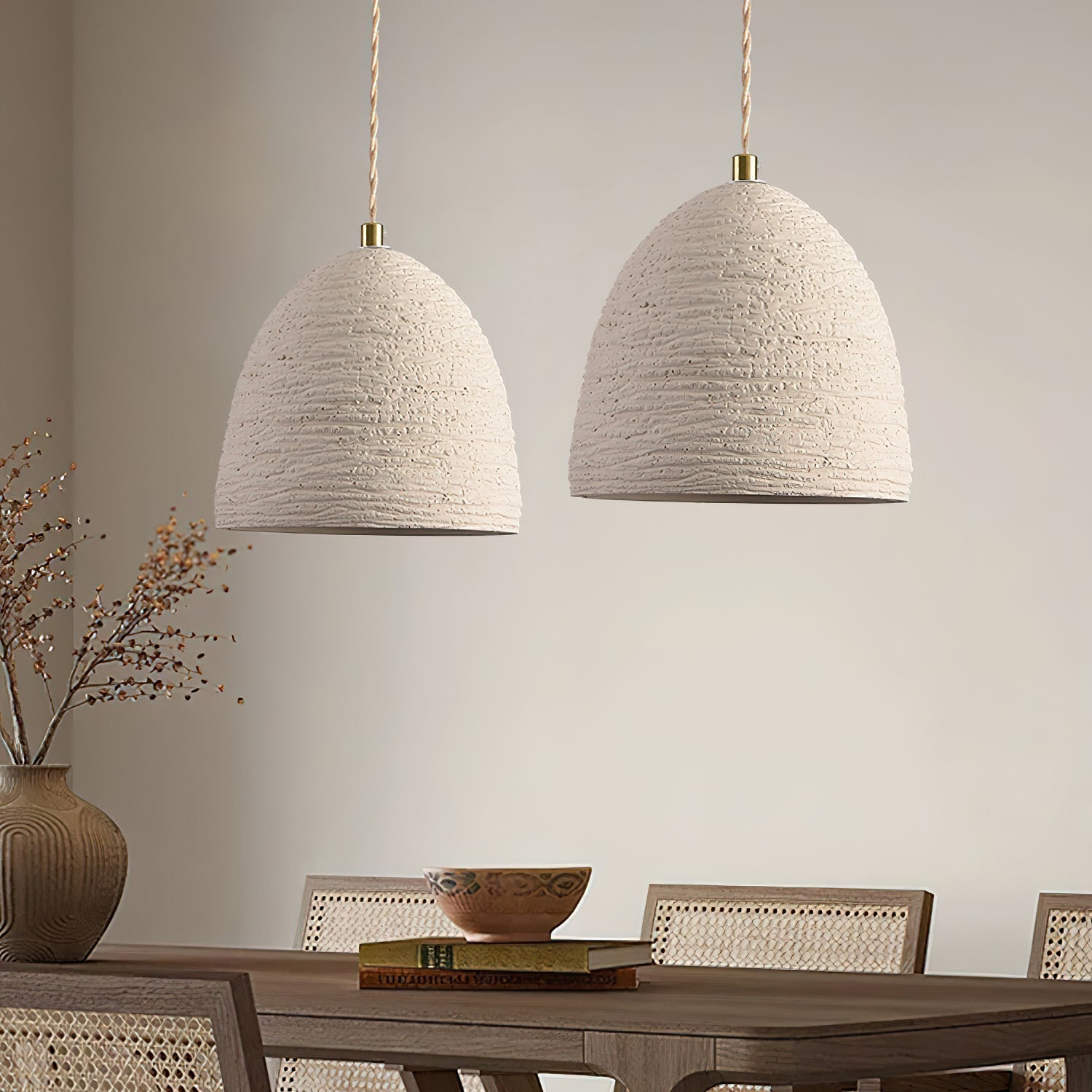 Microcement Pendant Lamp Adjustable Fabric Shade - Neutral Decor