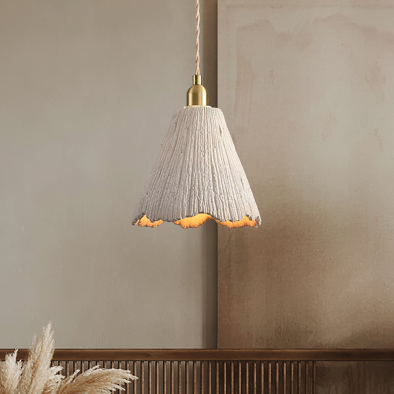 Microcement Pendant Lamp Adjustable Fabric Shade - Neutral Decor