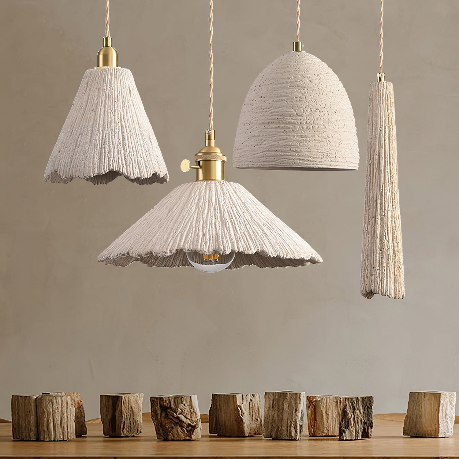 Microcement Pendant Lamp Adjustable Fabric Shade - Neutral Decor
