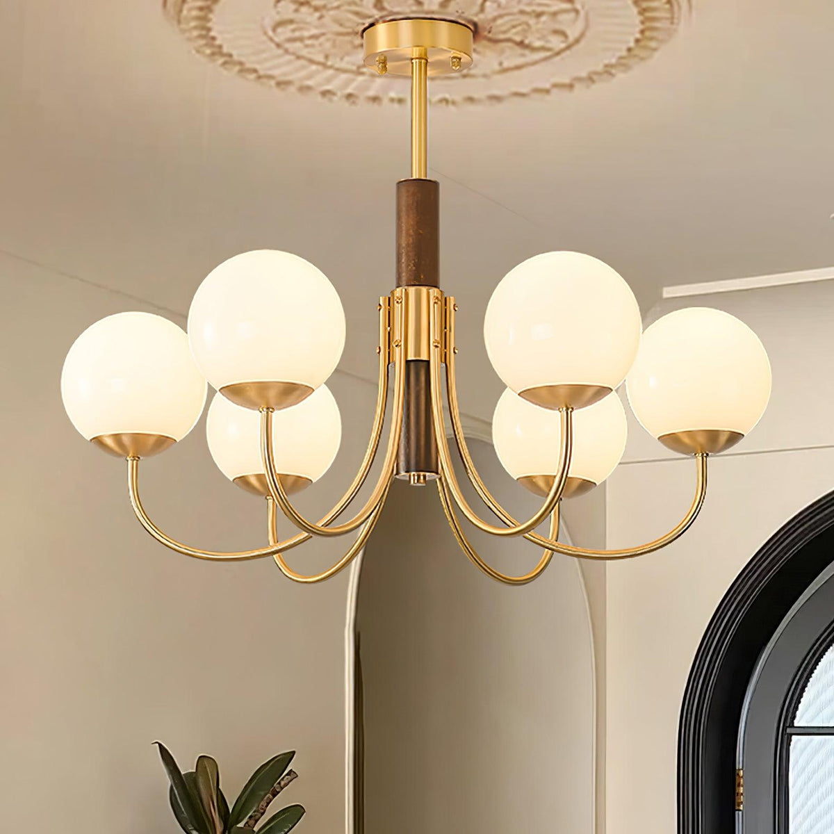 Elverella Chandelier Midas Touch Walnut Sphere Brass