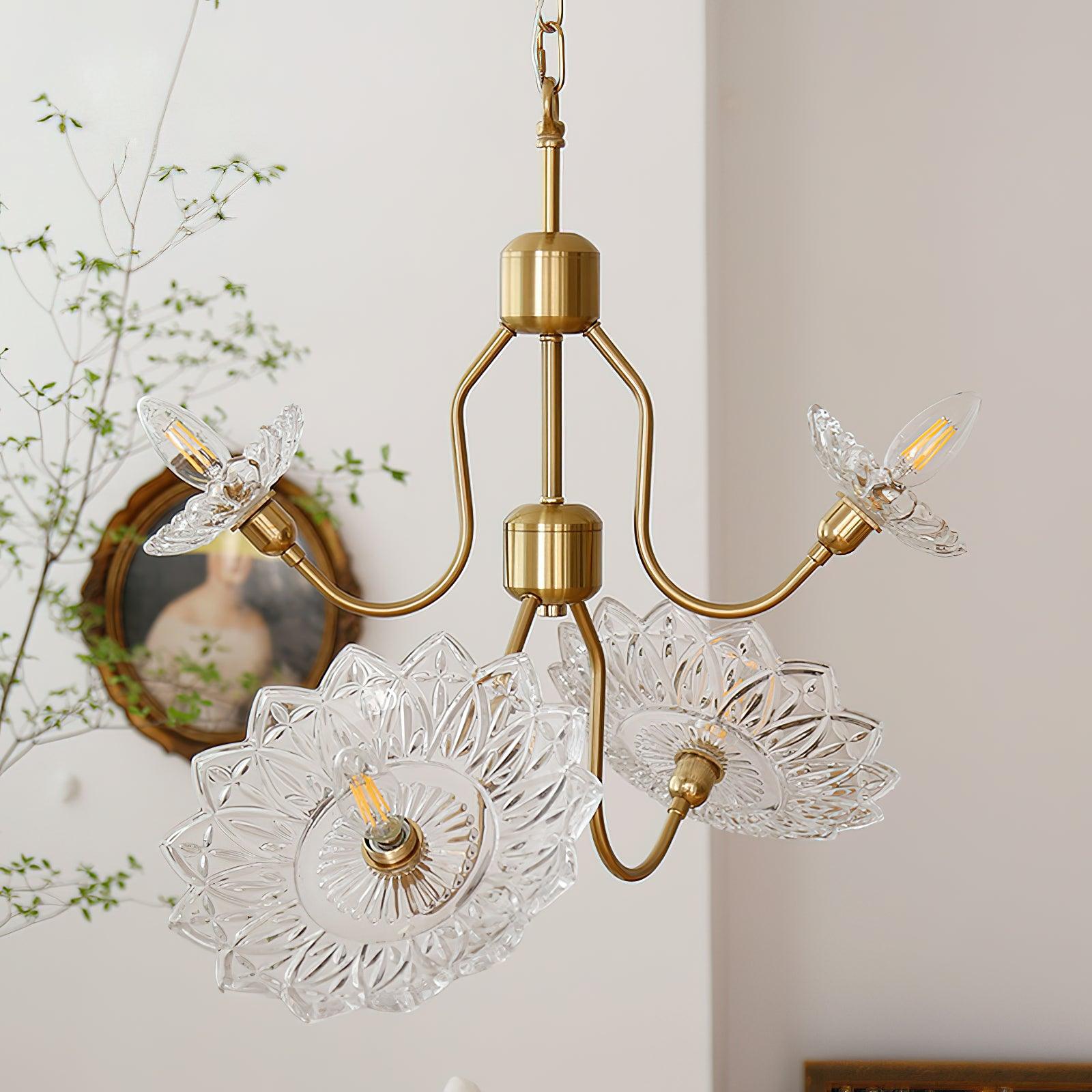 Celareon Chandelier Brass Glass Floral Vintage