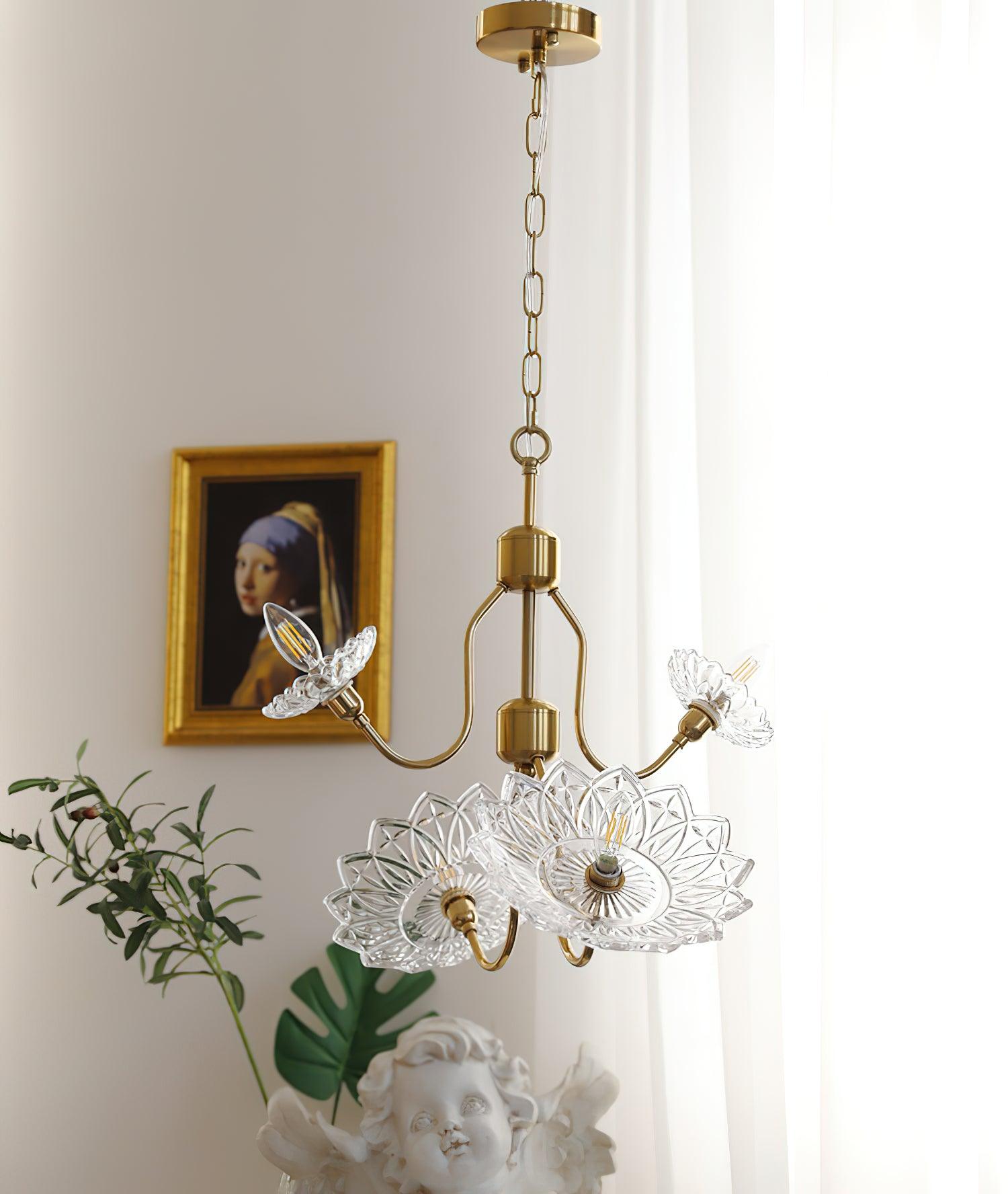 Celareon Chandelier Brass Glass Floral Vintage