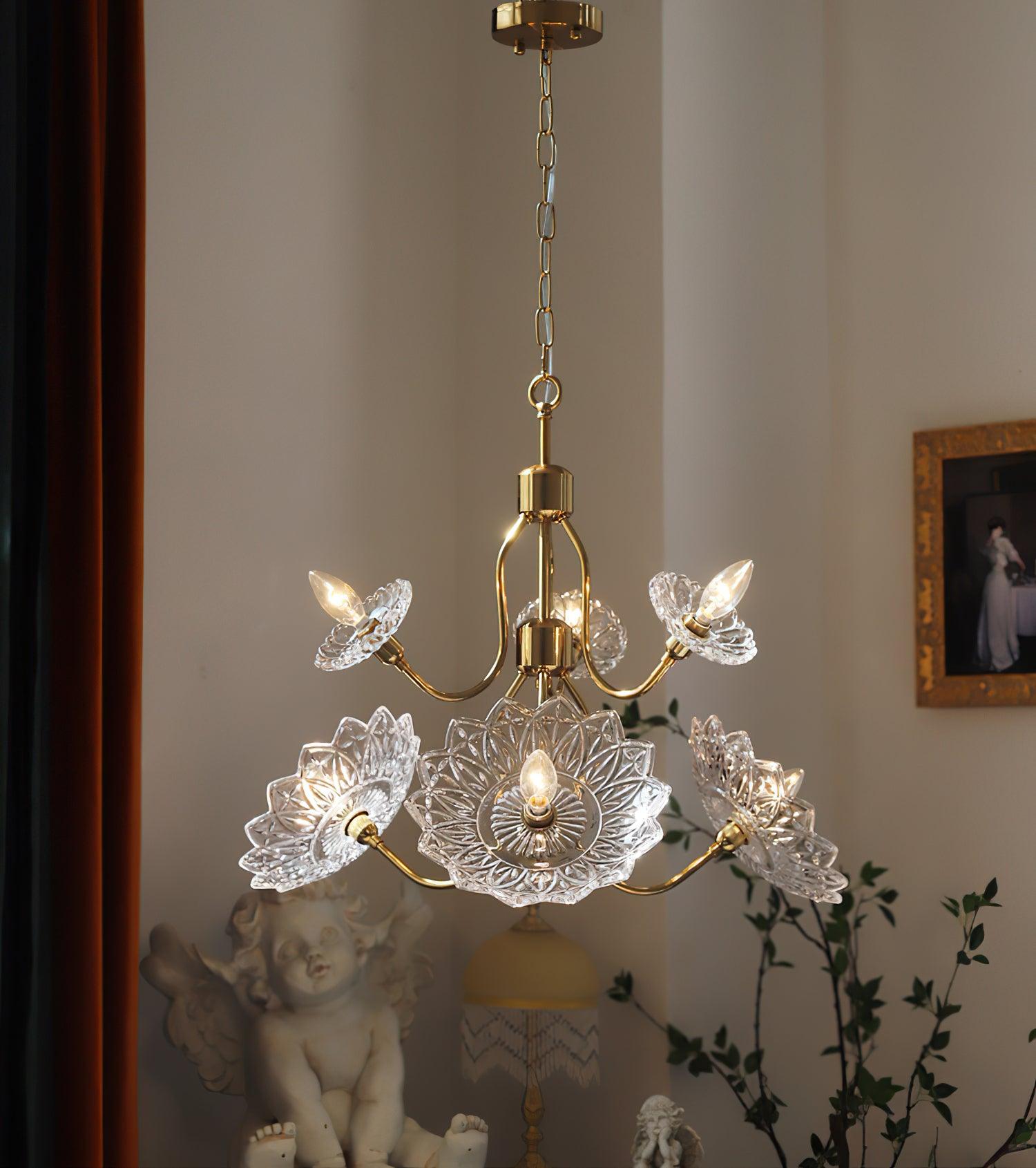 Celareon Chandelier Brass Glass Floral Vintage