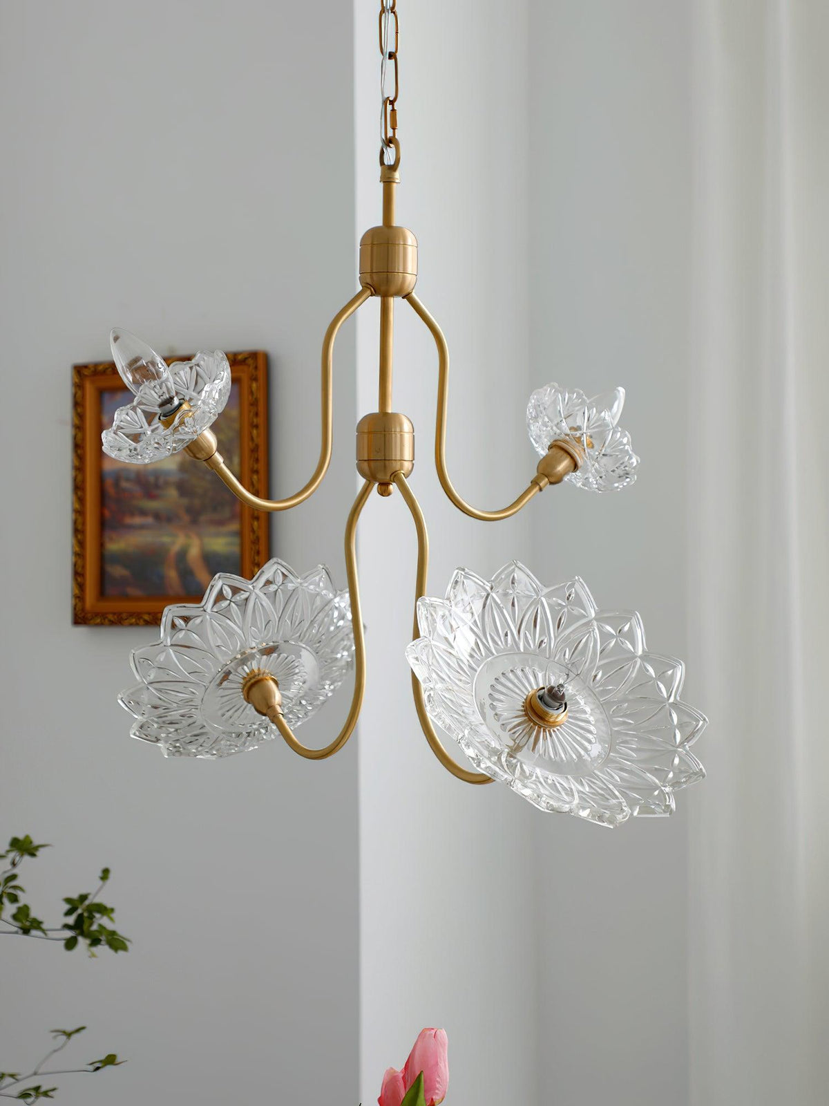 Celareon Chandelier Brass Glass Floral Vintage