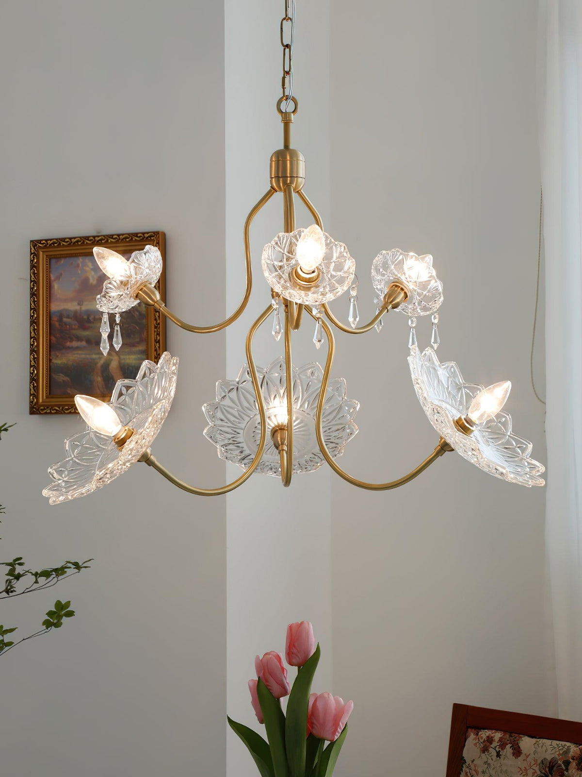 Celareon Chandelier Brass Glass Floral Vintage