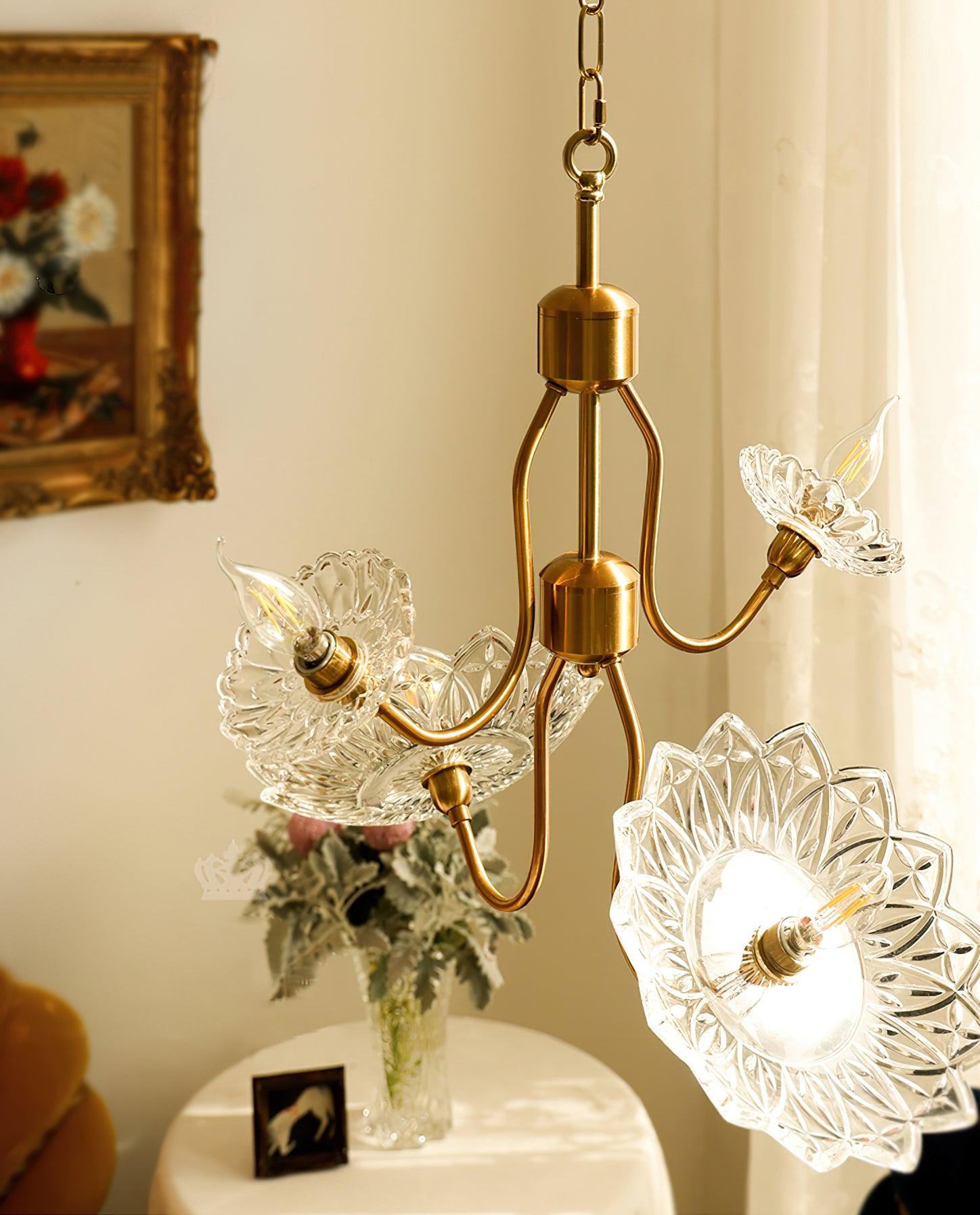 Celareon Chandelier Brass Glass Floral Vintage