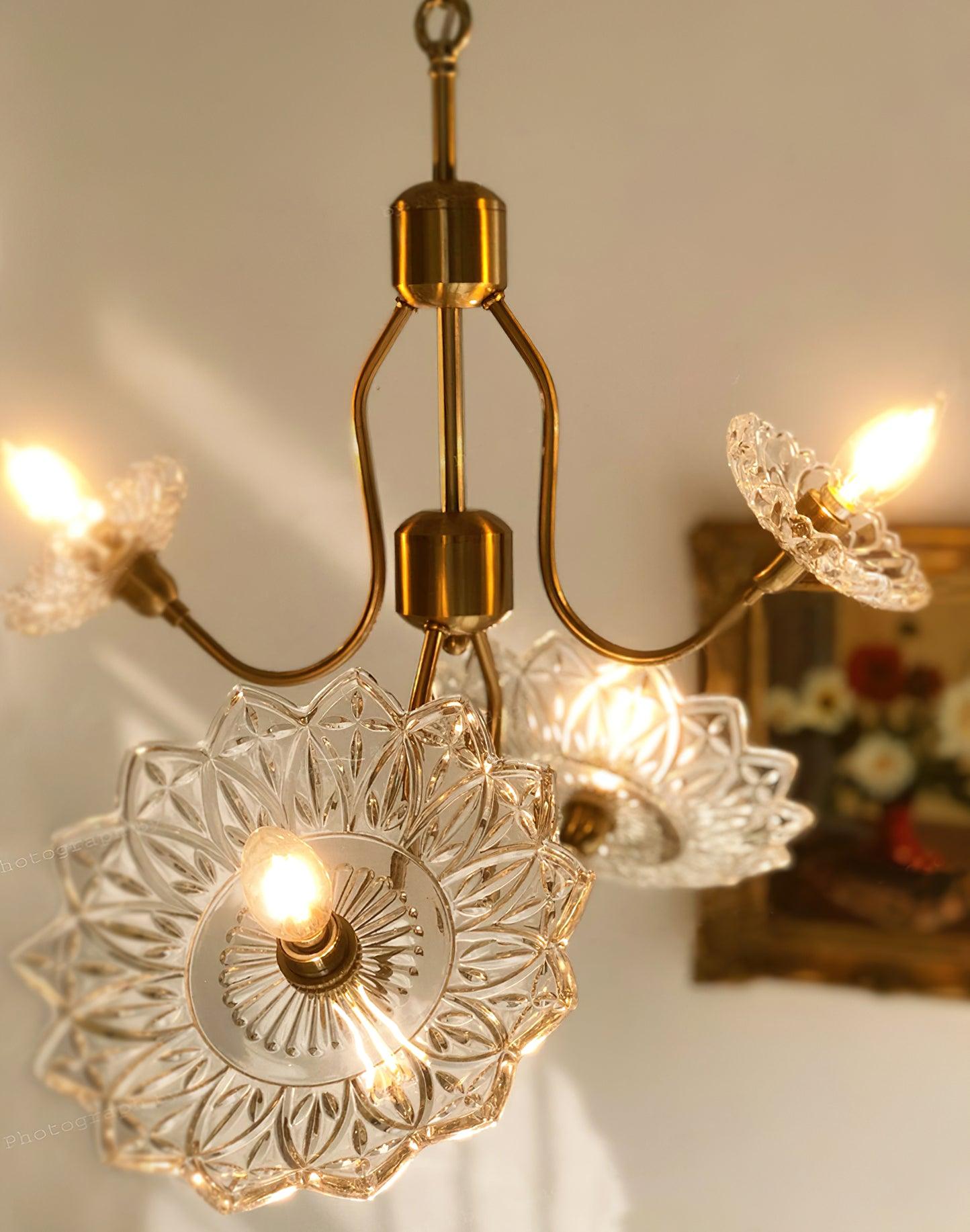 Celareon Chandelier Brass Glass Floral Vintage