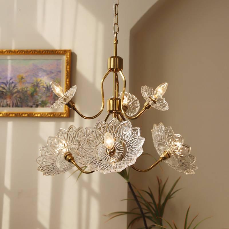 Celareon Chandelier Brass Glass Floral Vintage