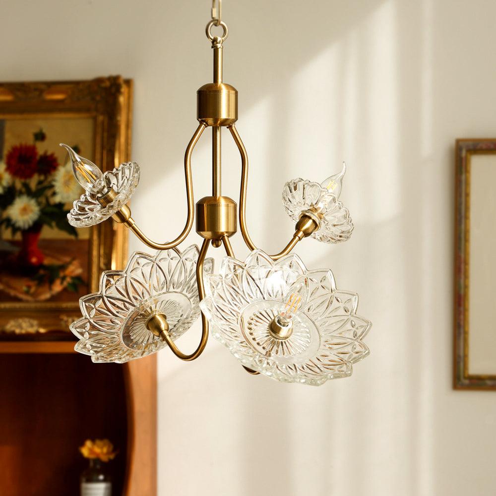 Celareon Chandelier Brass Glass Floral Vintage