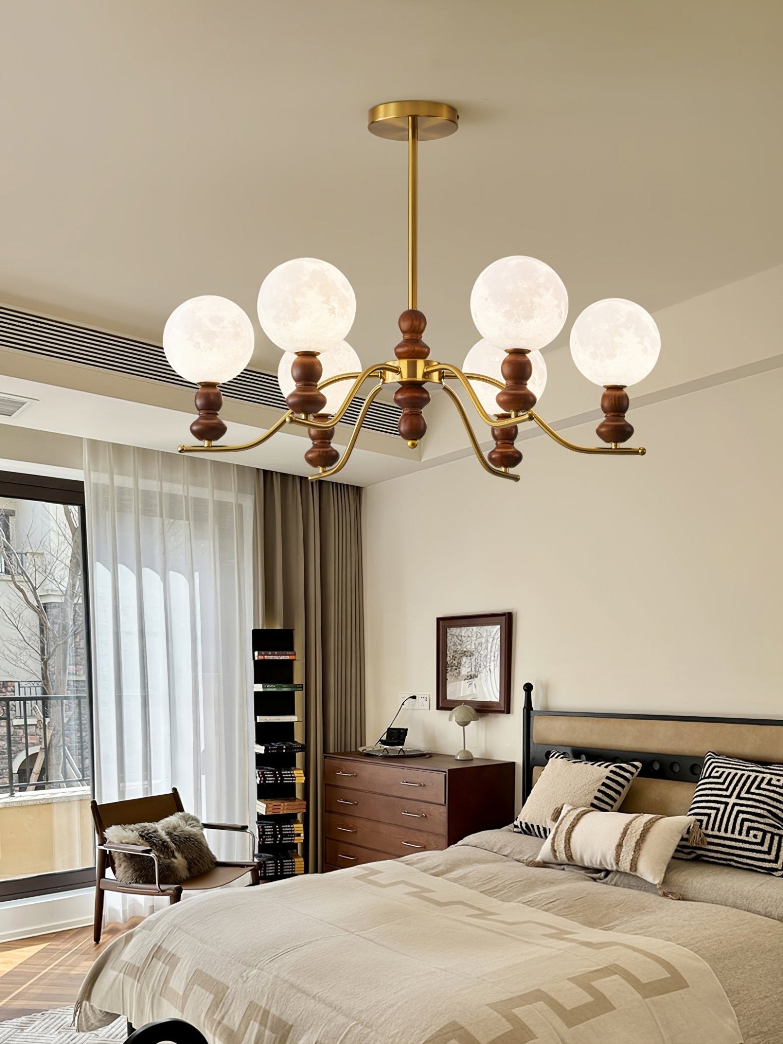 Elvivira Chandelier Brass Wood Moon Globe Elegant