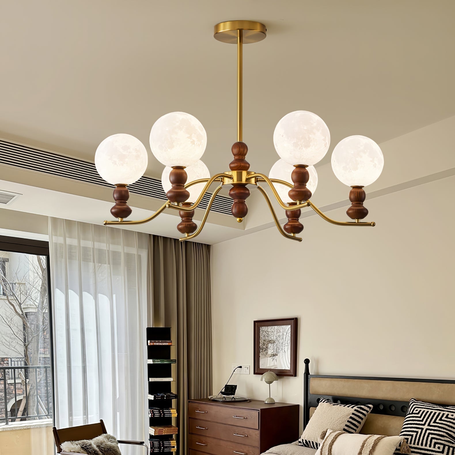 Elvivira Chandelier Brass Wood Moon Globe Elegant