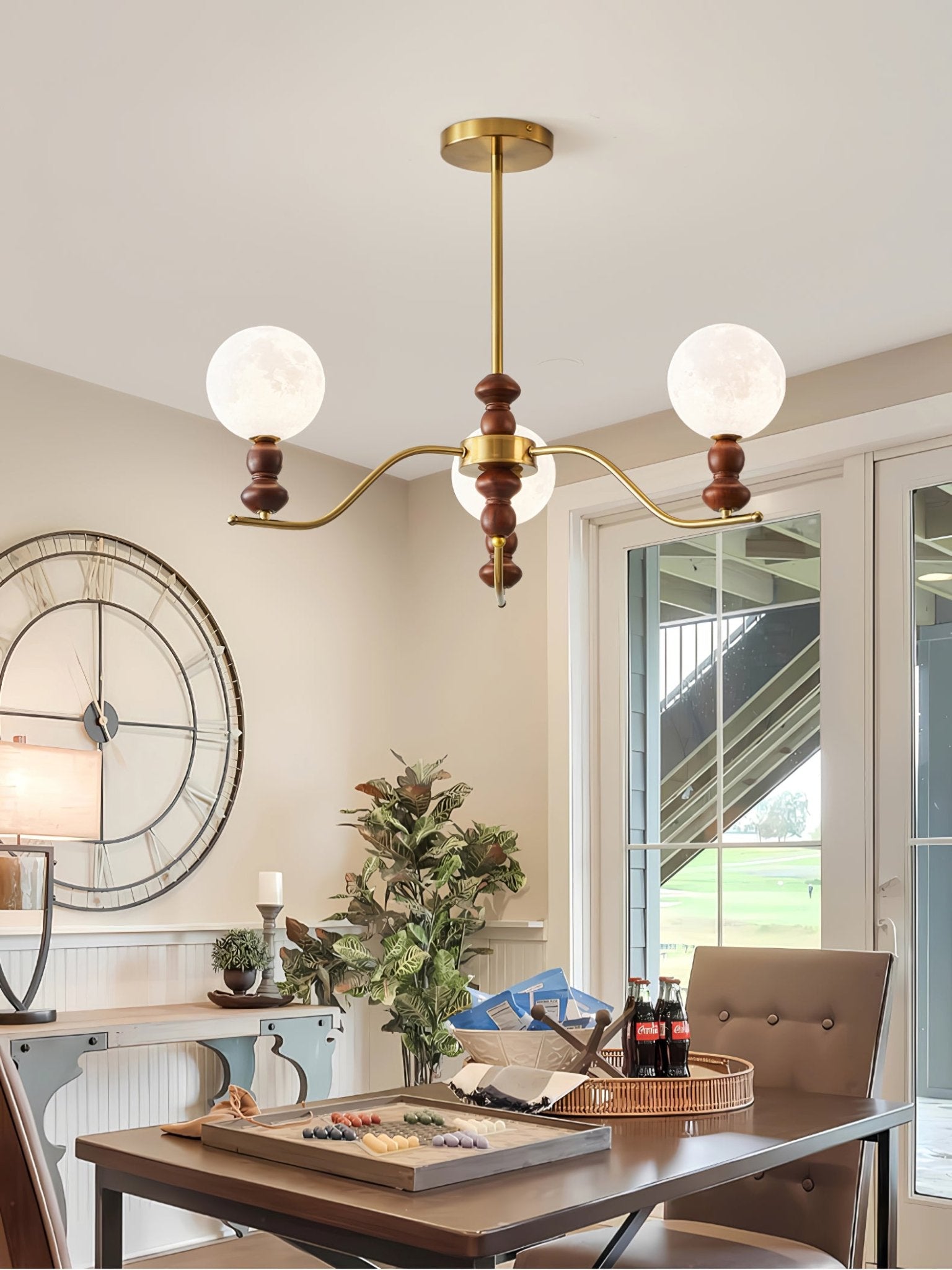 Elvivira Chandelier Brass Wood Moon Globe Elegant