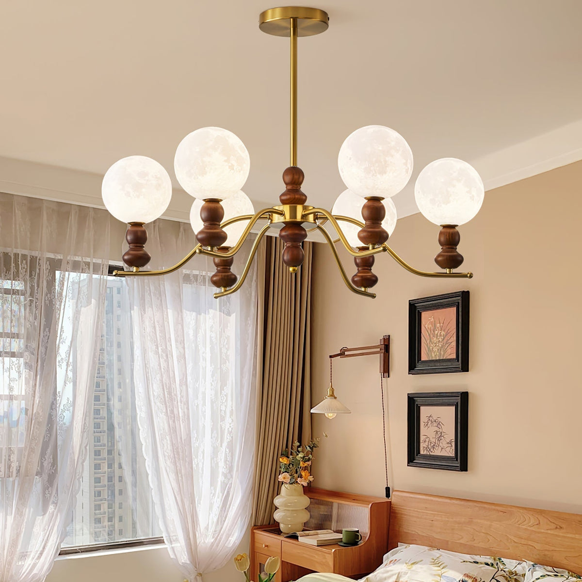 Elvivira Chandelier Brass Wood Moon Globe Elegant