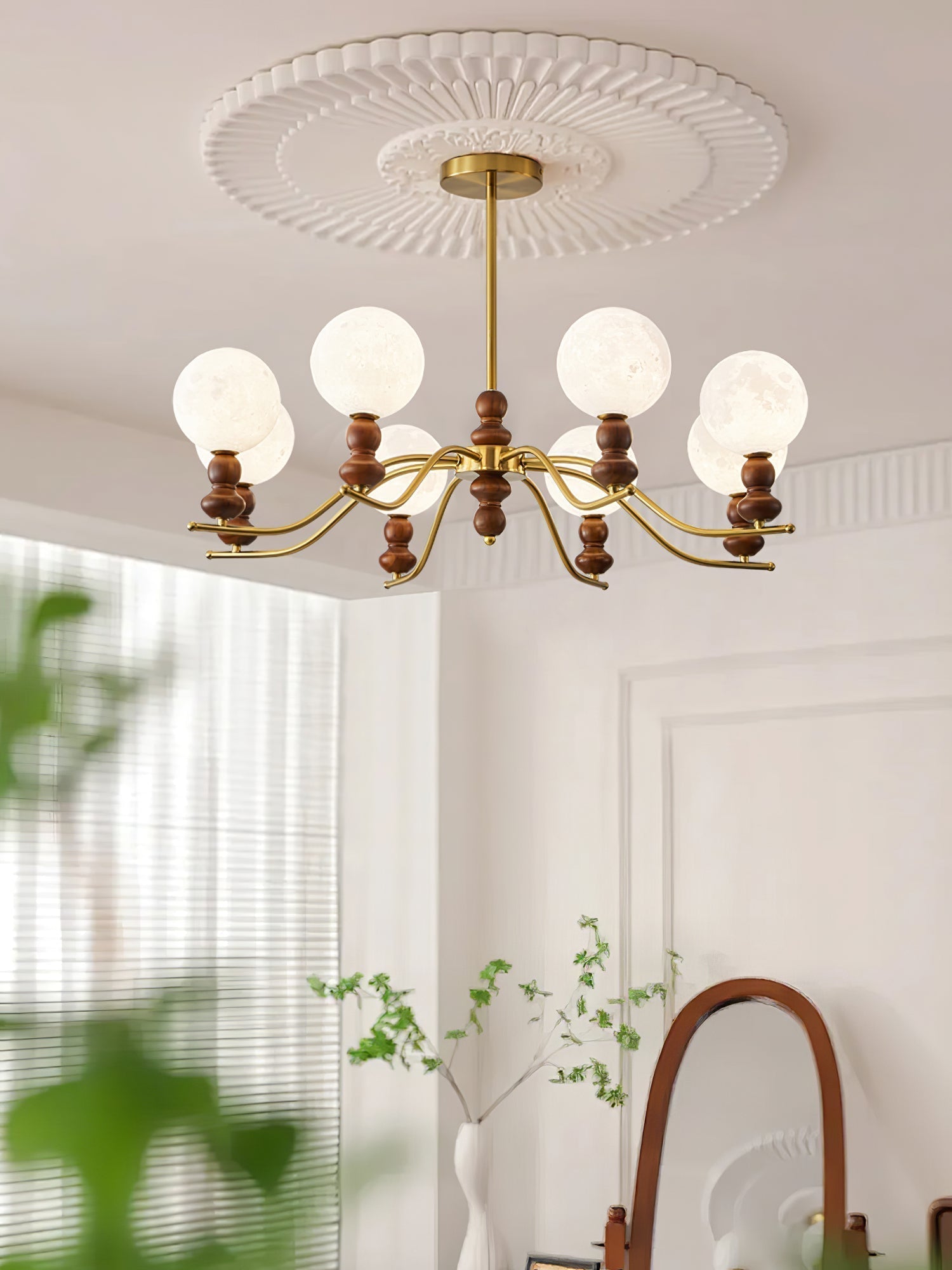 Elvivira Chandelier Brass Wood Moon Globe Elegant