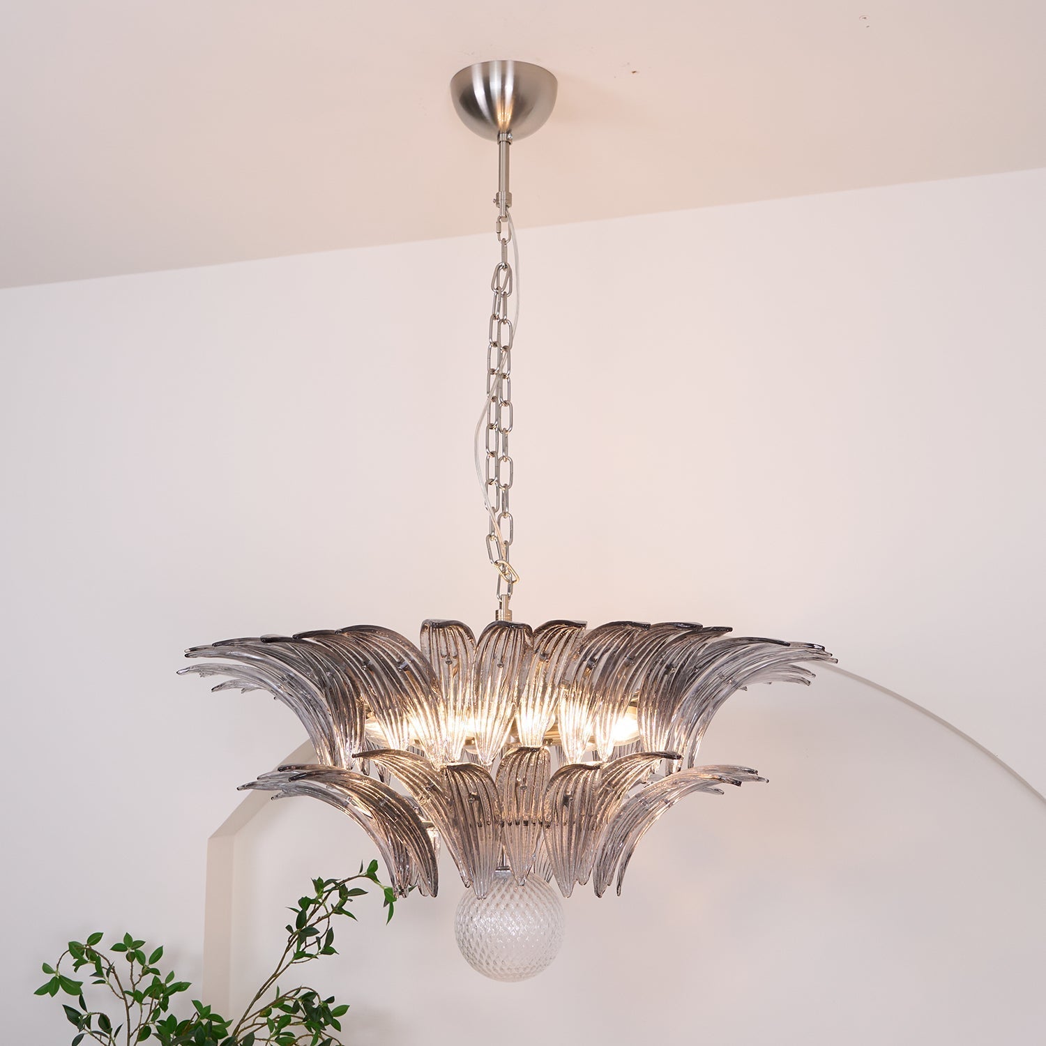 Liororira Chandelier Palmette Clear Murano Glass Leaf Layered