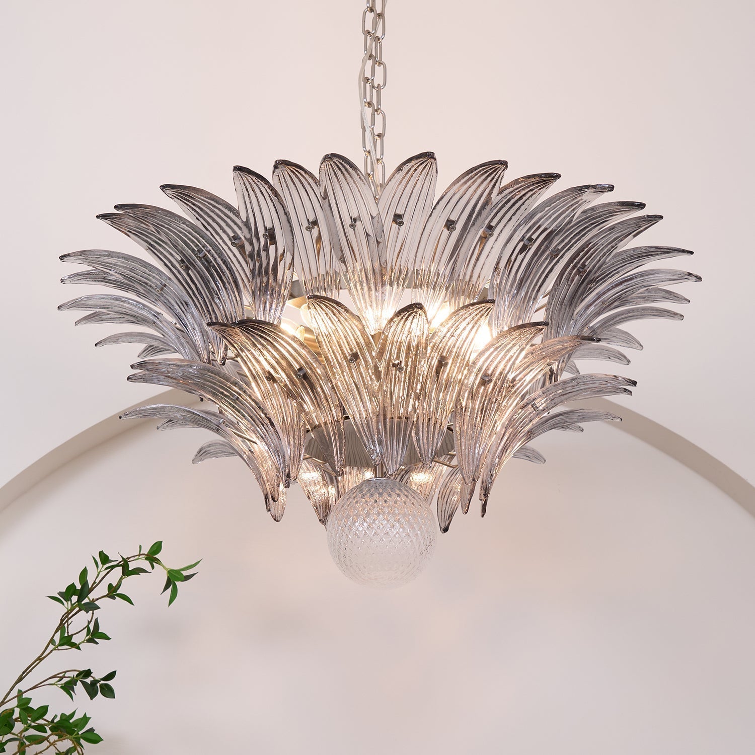 Liororira Chandelier Palmette Clear Murano Glass Leaf Layered