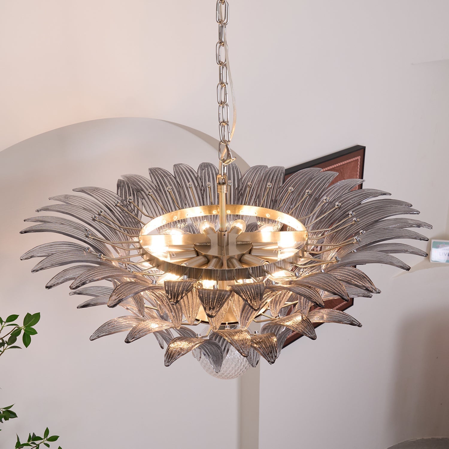 Liororira Chandelier Palmette Clear Murano Glass Leaf Layered