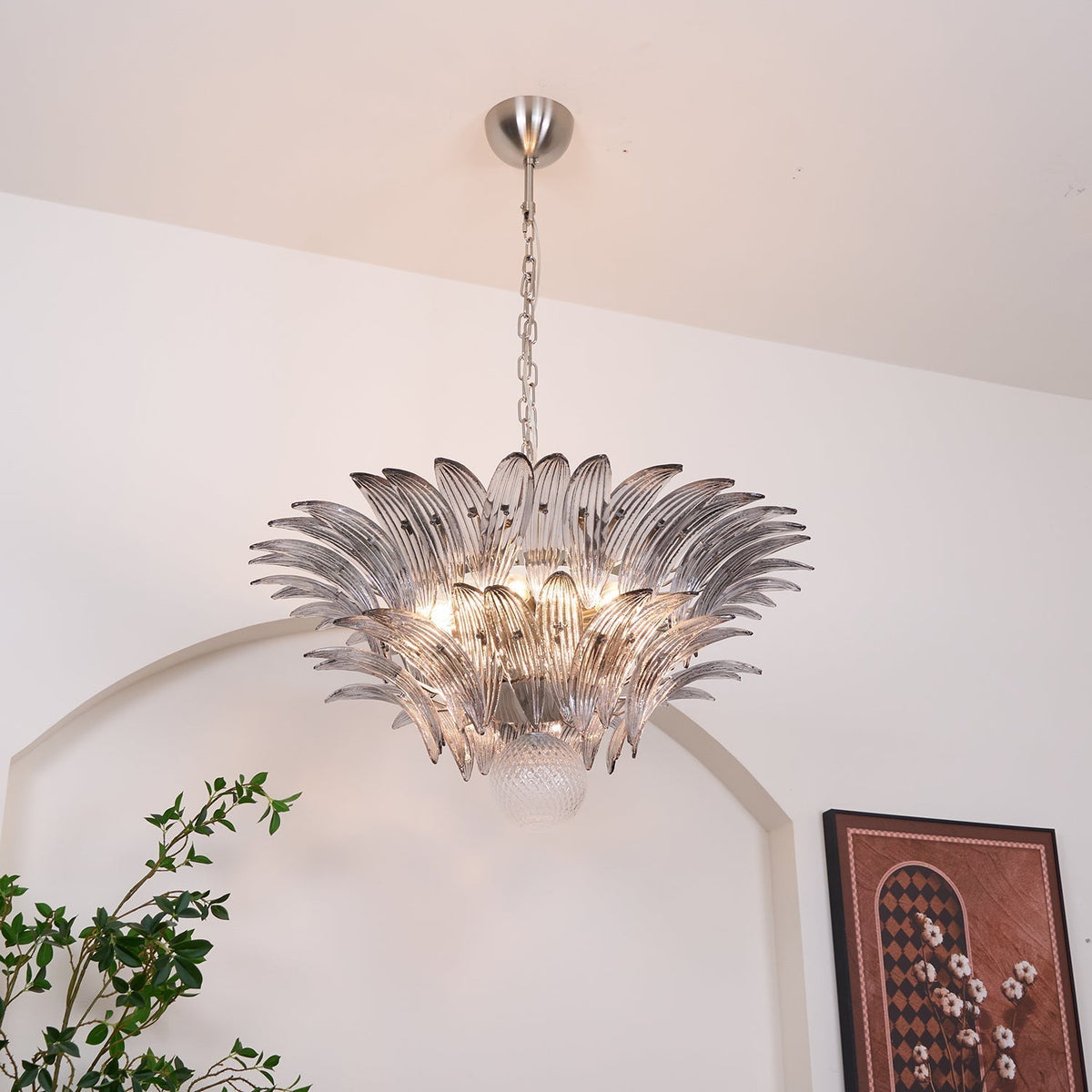 Liororira Chandelier Palmette Clear Murano Glass Leaf Layered