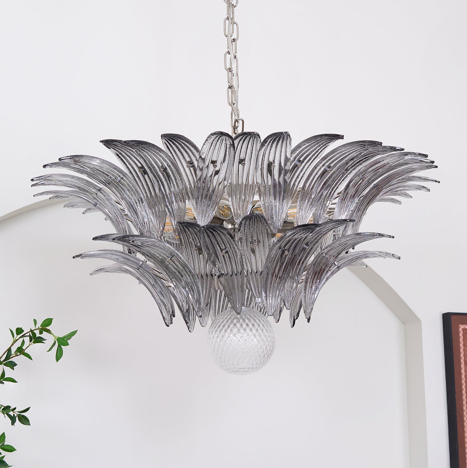 Liororira Chandelier Palmette Clear Murano Glass Leaf Layered