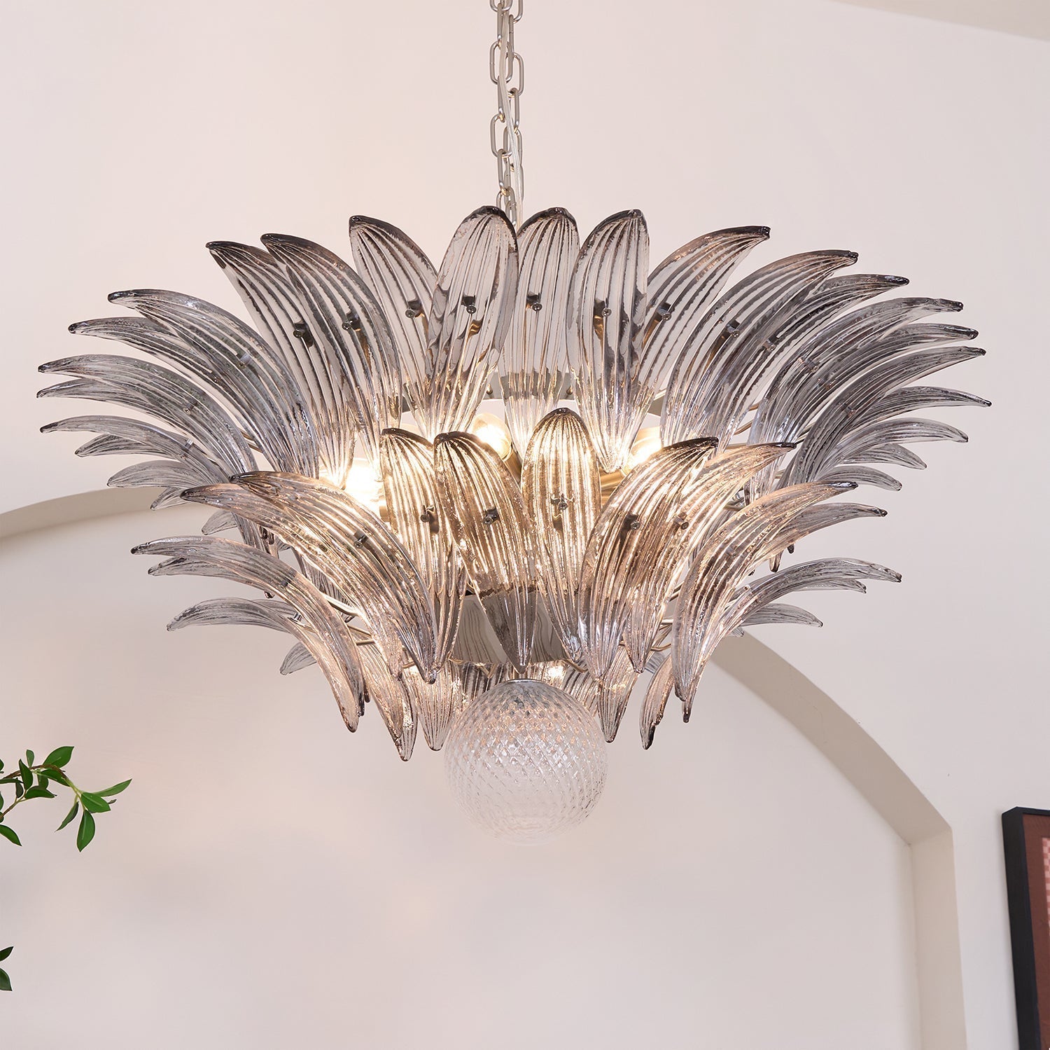Liororira Chandelier Palmette Clear Murano Glass Leaf Layered