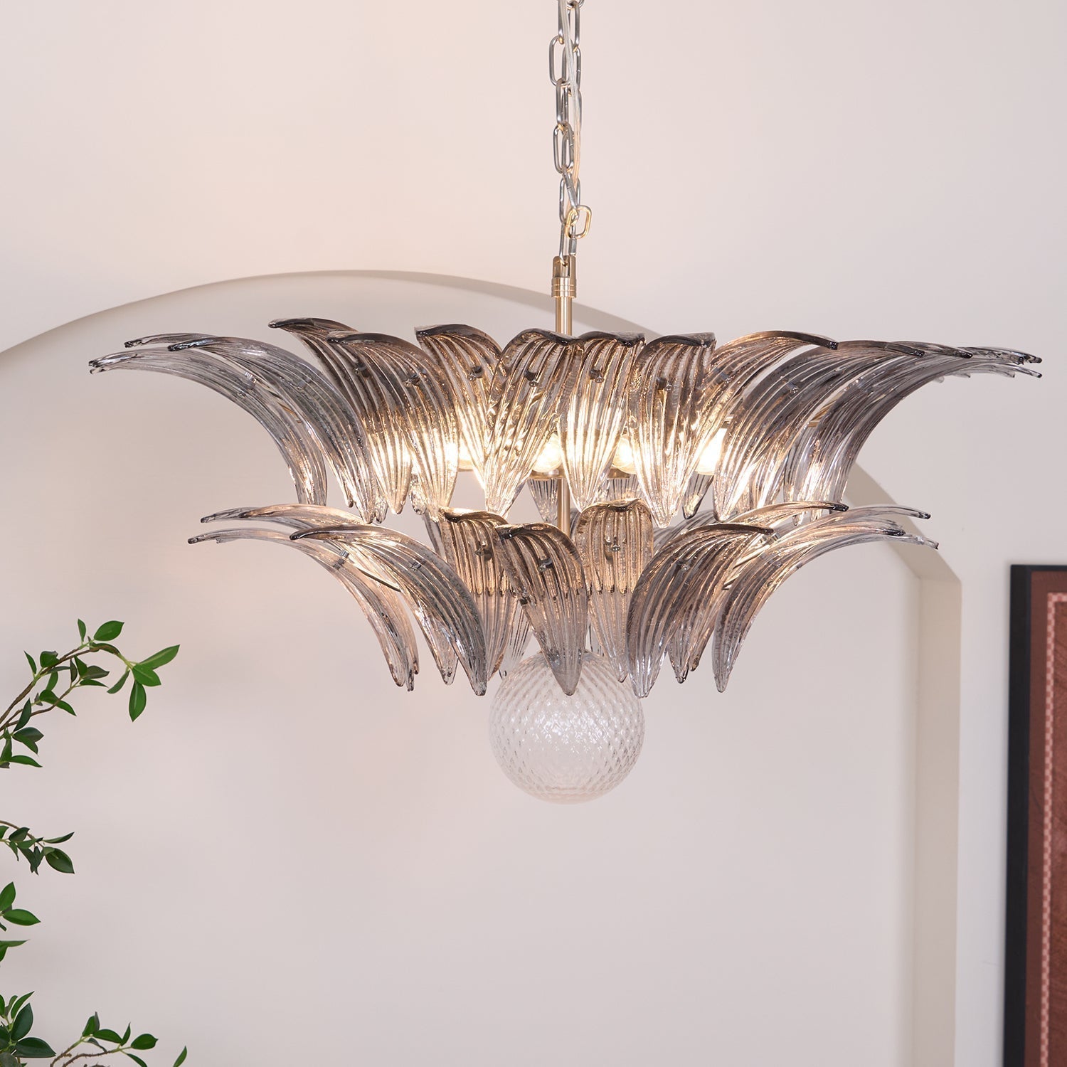Liororira Chandelier Palmette Clear Murano Glass Leaf Layered