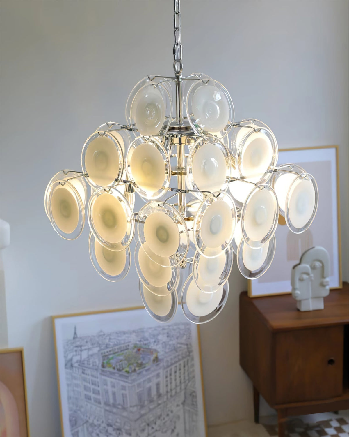 Eireira Chandelier White Murano Glass Discs Cluster