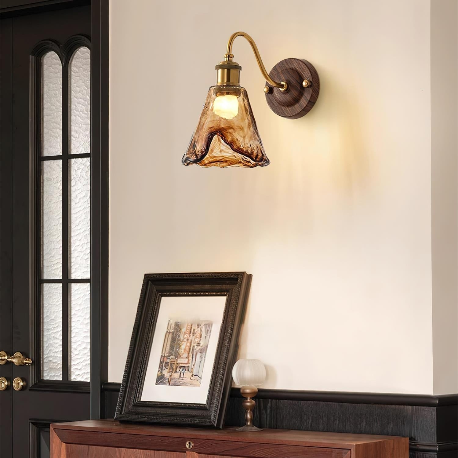 Wall Lamp Amber Glass Shade Walnut Gold Vintage Modern Sconce - Neutral Decor