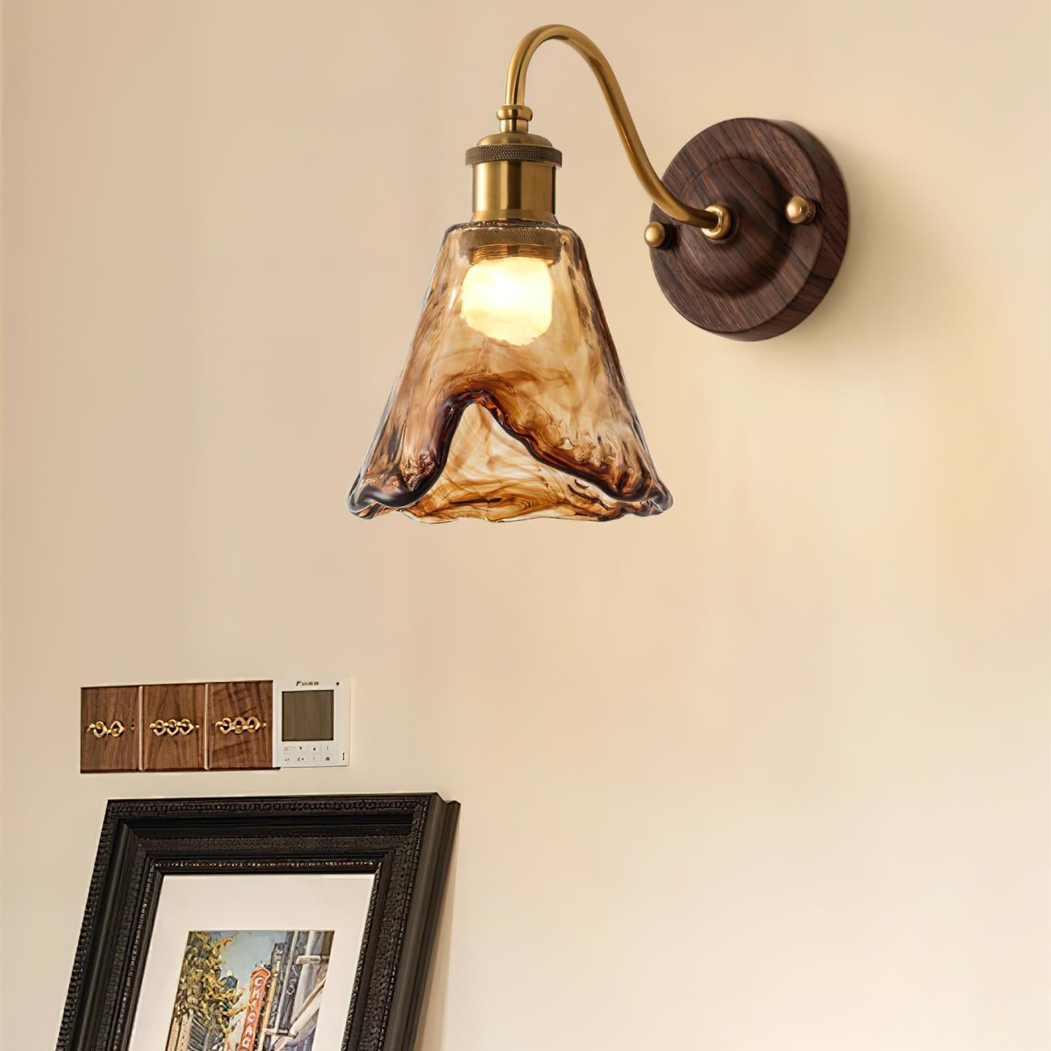 Wall Lamp Amber Glass Shade Walnut Gold Vintage Modern Sconce - Neutral Decor