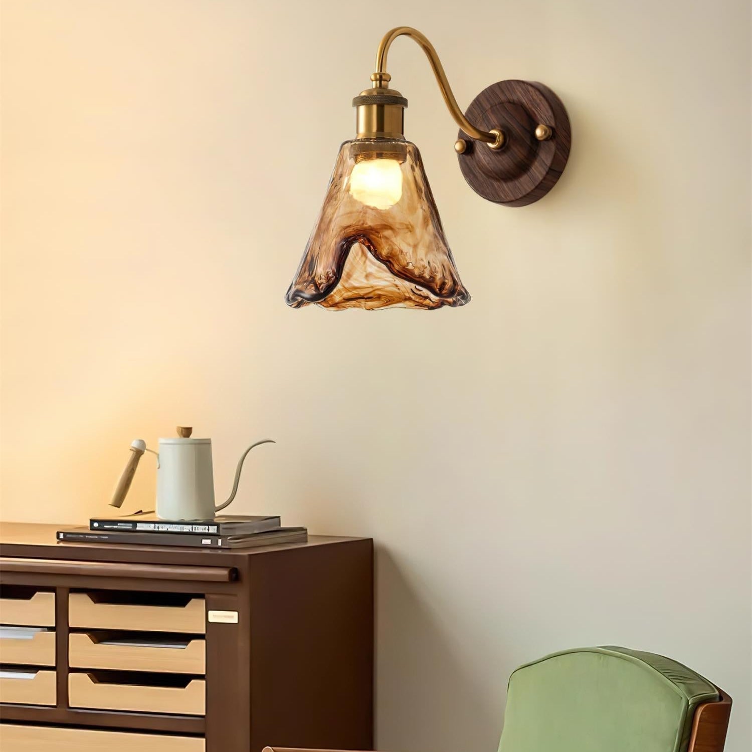 Wall Lamp Amber Glass Shade Walnut Gold Vintage Modern Sconce - Neutral Decor