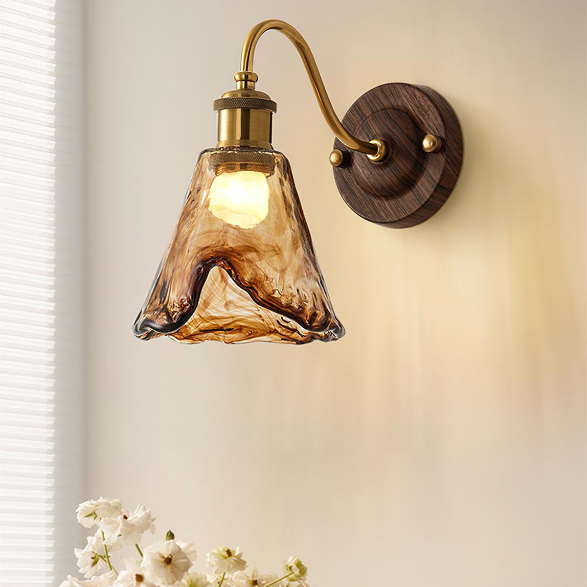 Wall Lamp Amber Glass Shade Walnut Gold Vintage Modern Sconce - Neutral Decor
