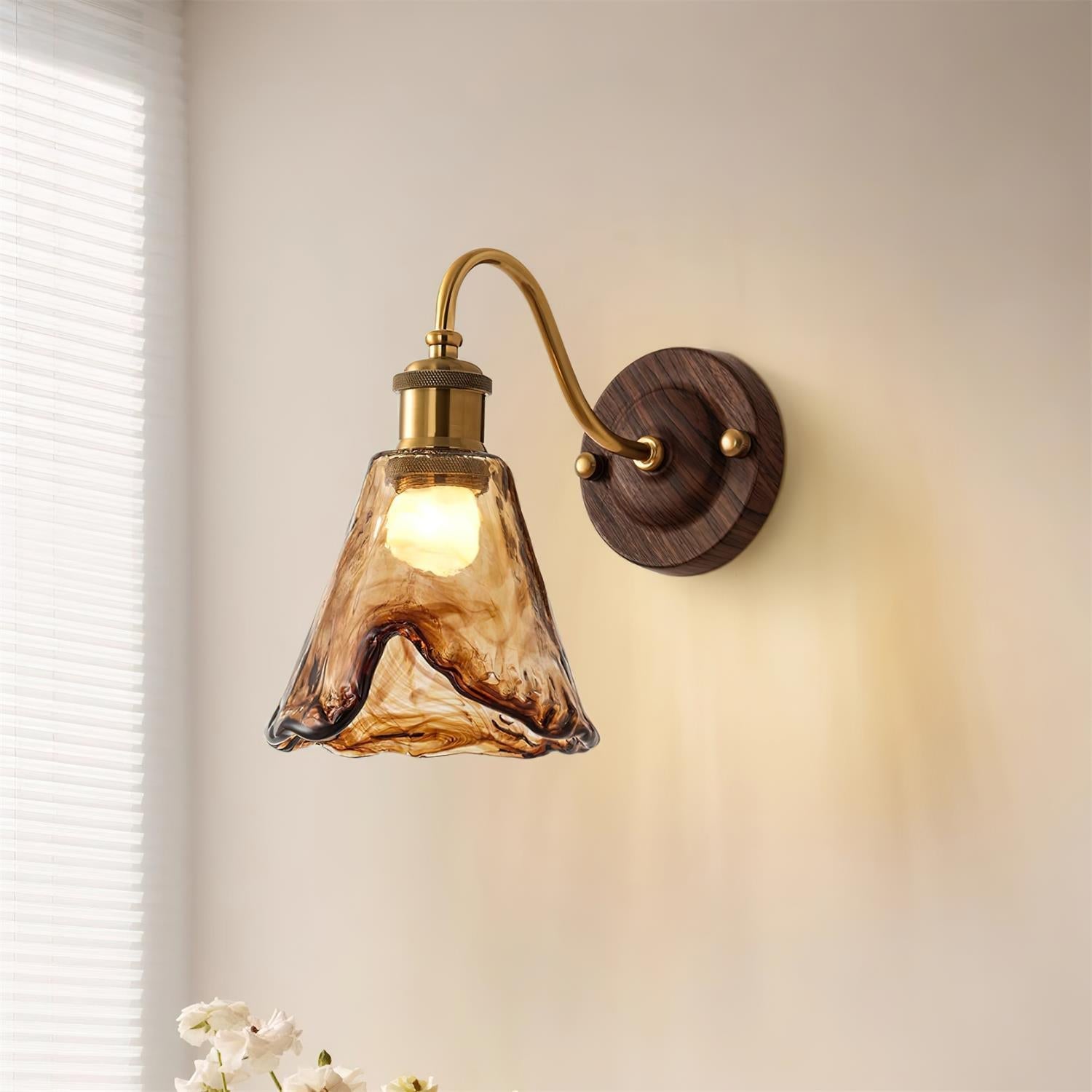 Wall Lamp Amber Glass Shade Walnut Gold Vintage Modern Sconce - Neutral Decor