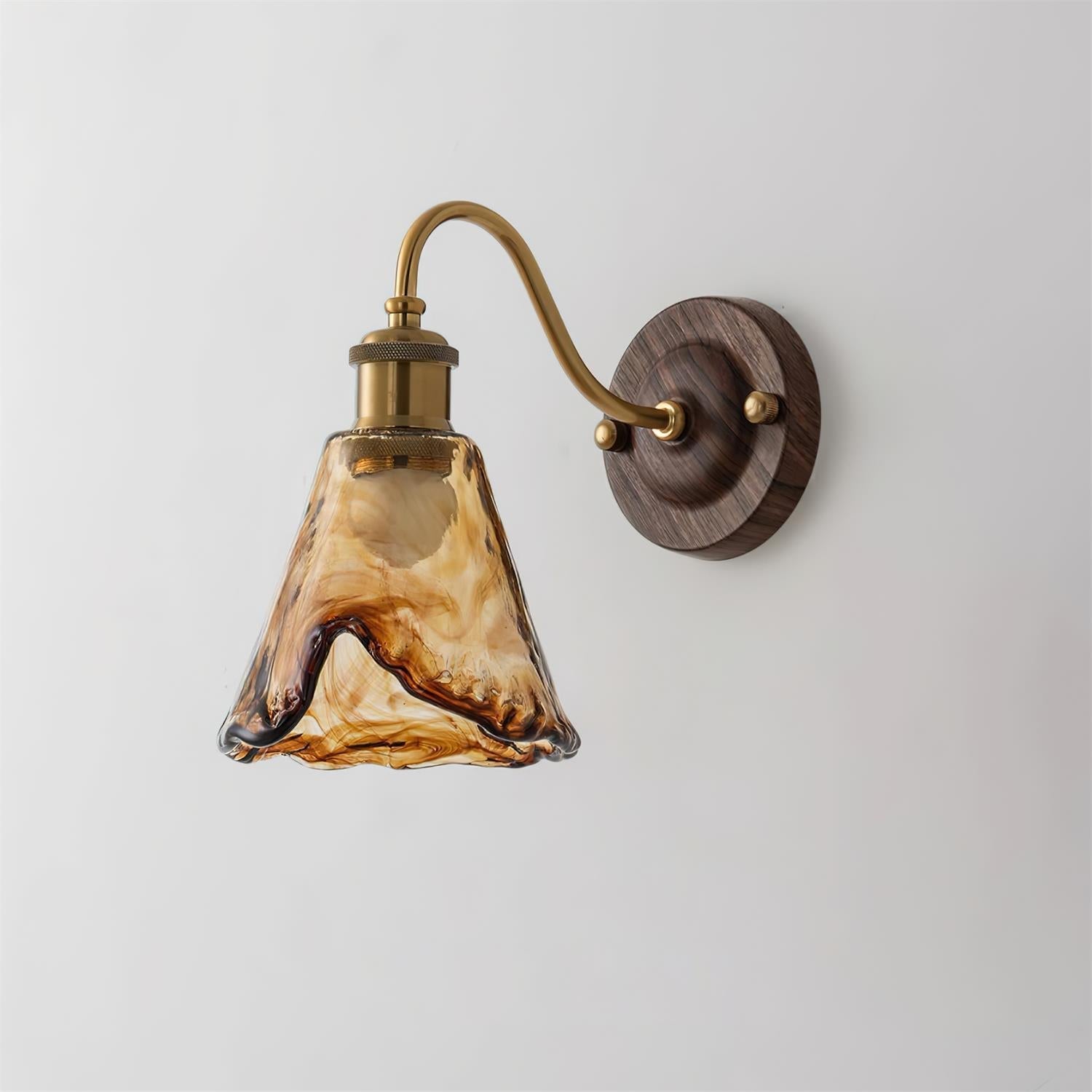Wall Lamp Amber Glass Shade Walnut Gold Vintage Modern Sconce - Neutral Decor