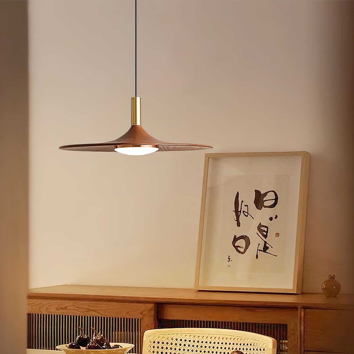 Pend­­ant Lamp Wood-Grain Disc LED Acrylic Midcentury - Neutral Decor