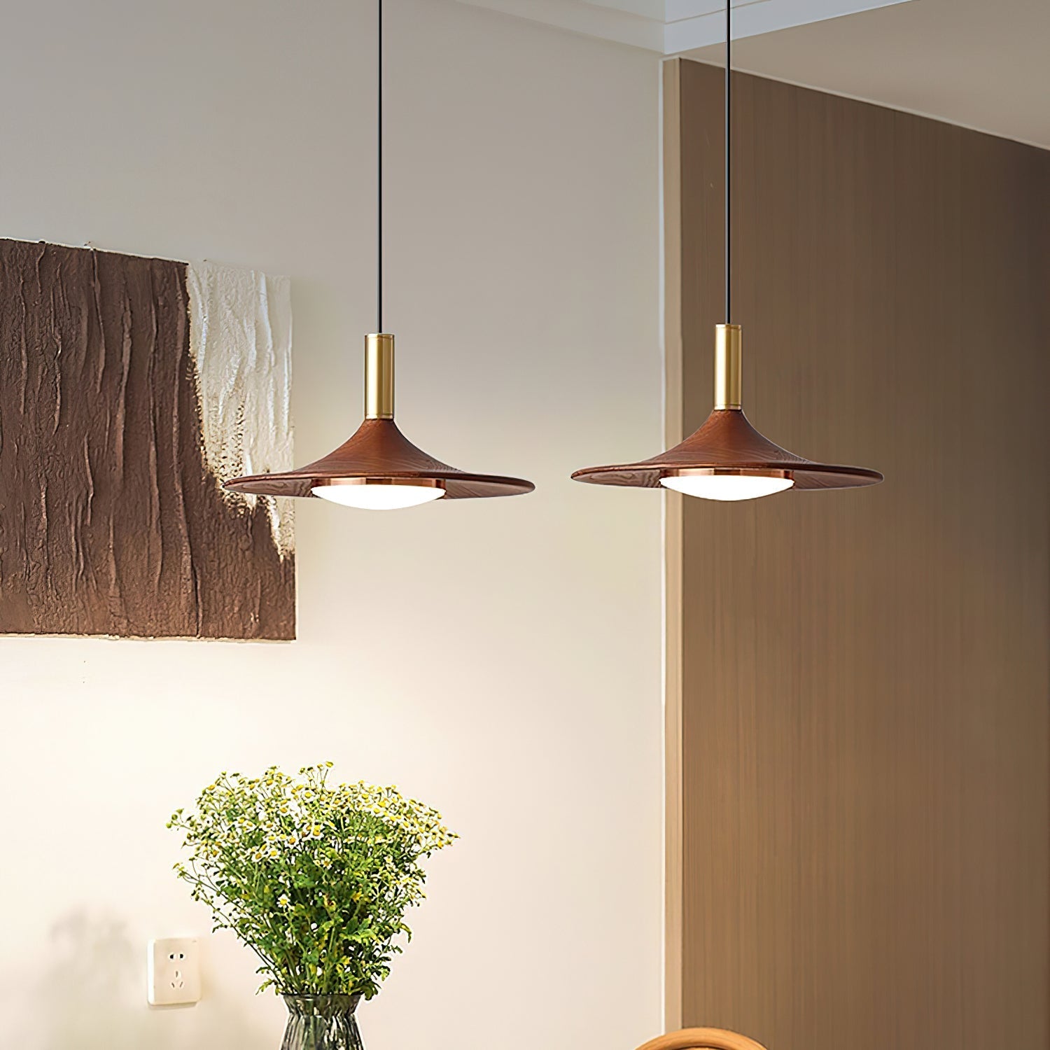 Pend­­ant Lamp Wood-Grain Disc LED Acrylic Midcentury - Neutral Decor