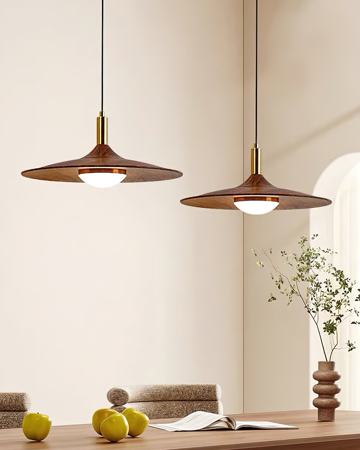 Pend­­ant Lamp Wood-Grain Disc LED Acrylic Midcentury - Neutral Decor