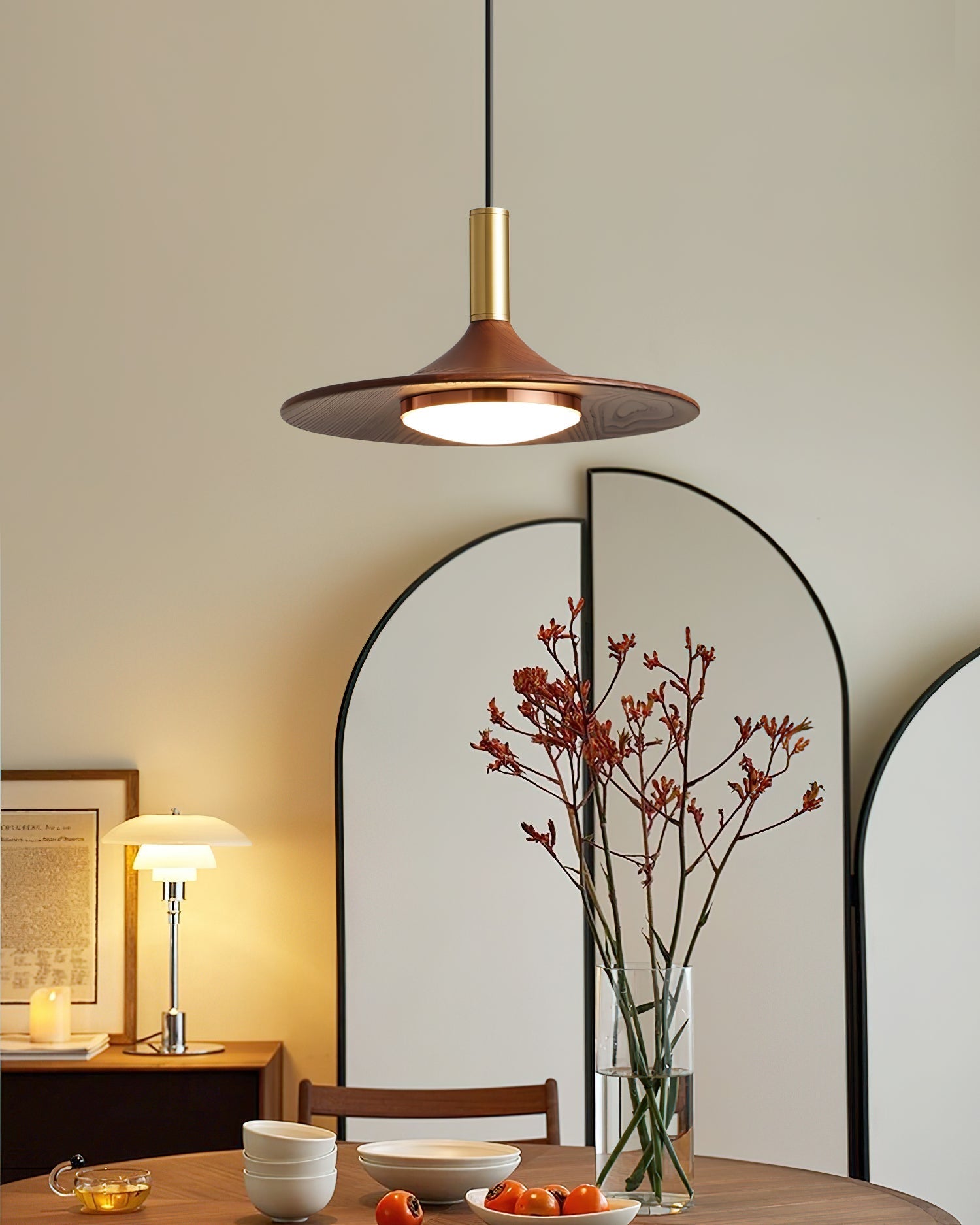 Pend­­ant Lamp Wood-Grain Disc LED Acrylic Midcentury - Neutral Decor