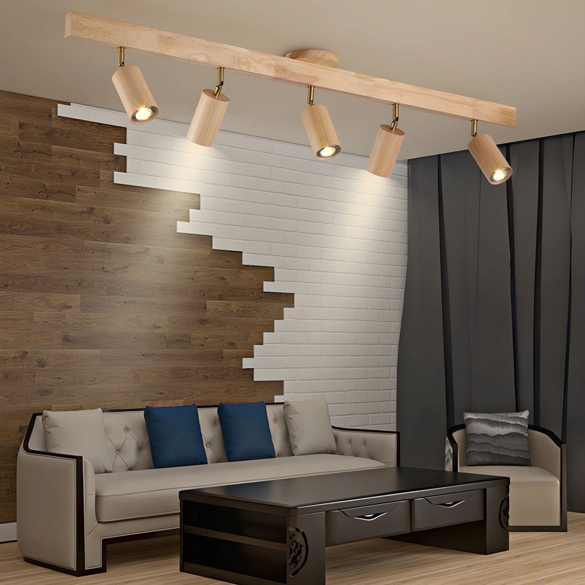 Nola Ceiling Lamp Natural Wood Beam with Spotlight