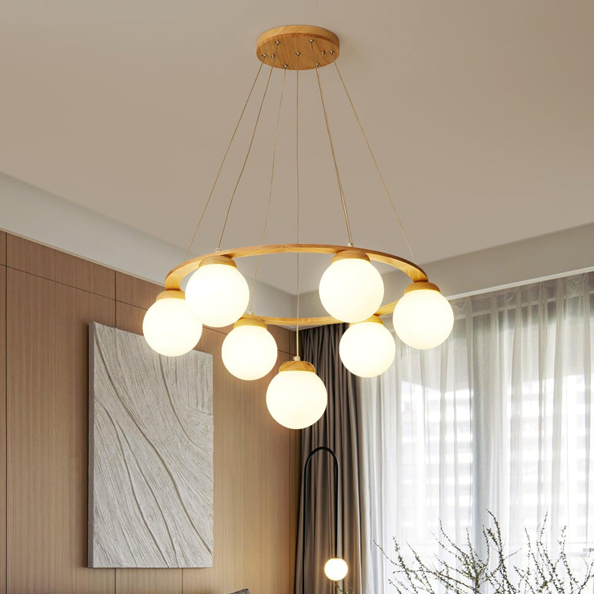 Aelion Chandelier Wood Ring Opal Glass Globes