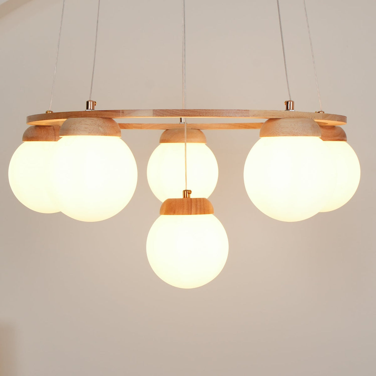 Aelion Chandelier Wood Ring Opal Glass Globes