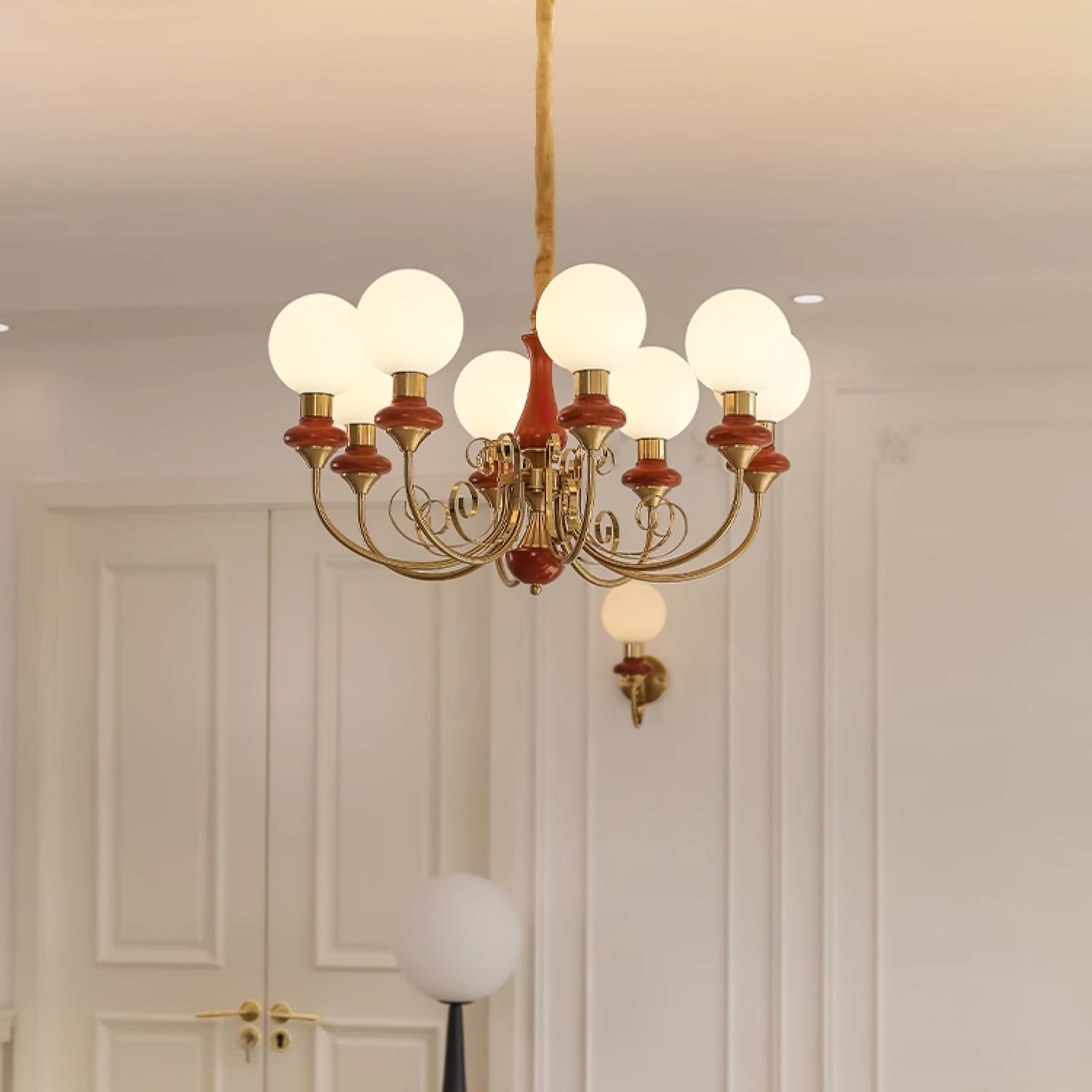 Lustra Chandelier Green Shades Gold Curved Arms - Neutral Decor
