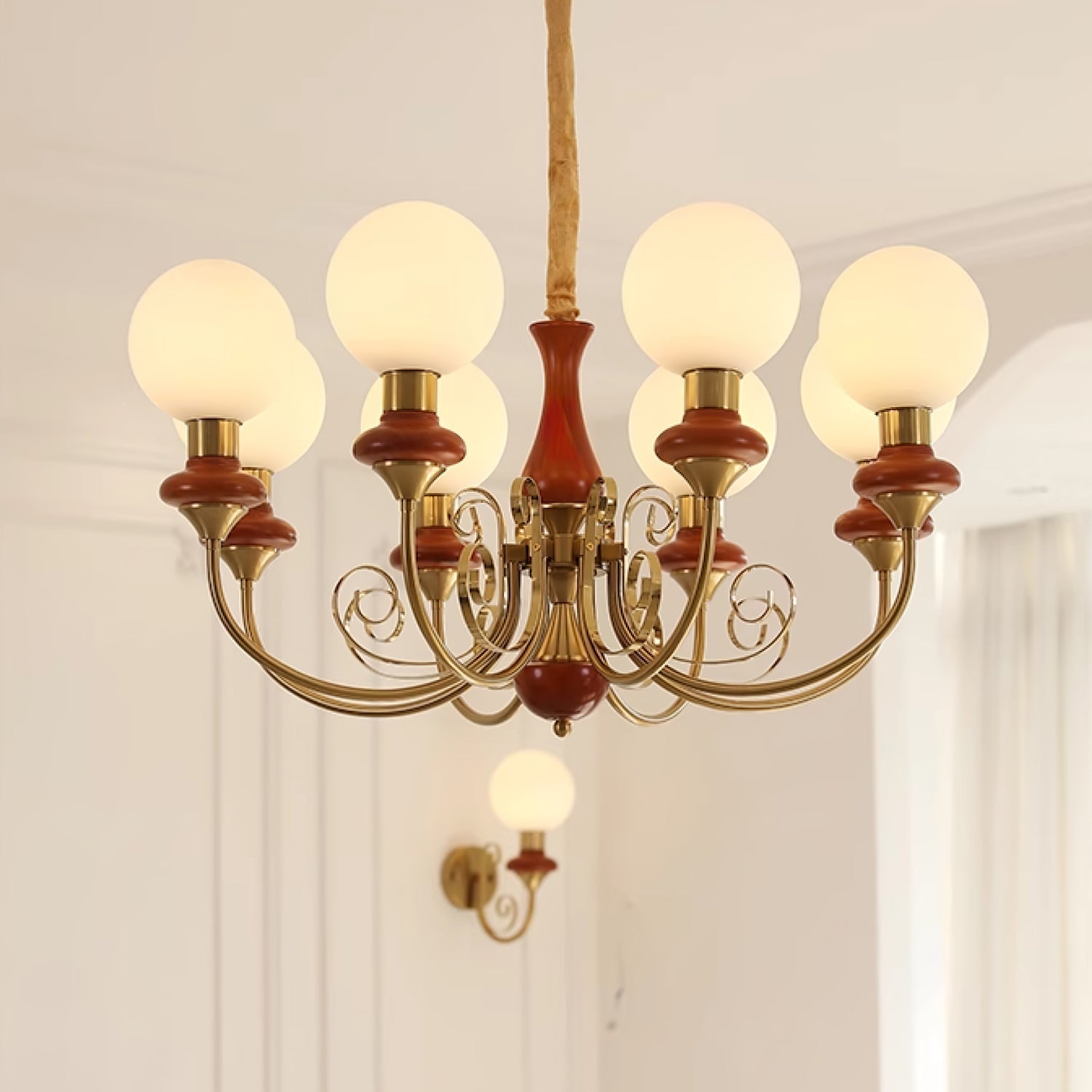 Lustra Chandelier Green Shades Gold Curved Arms - Neutral Decor