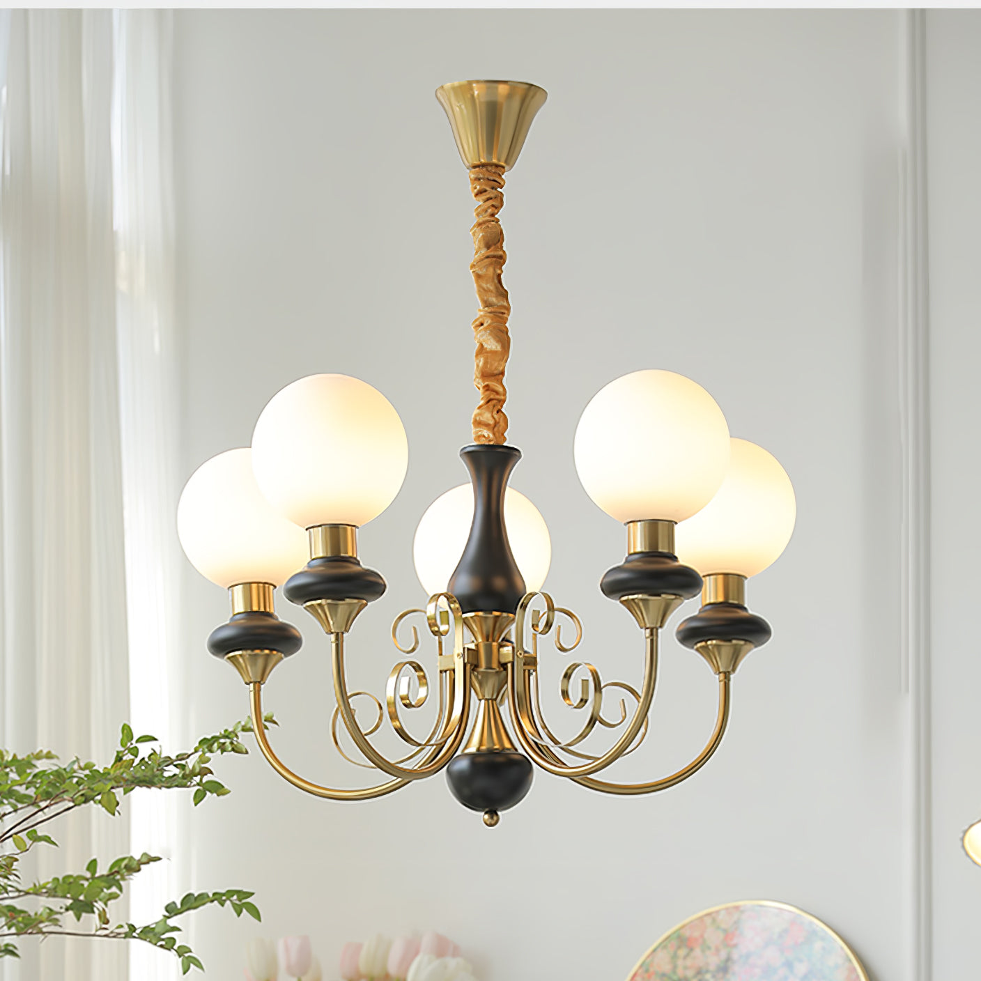 Lustra Chandelier Green Shades Gold Curved Arms - Neutral Decor