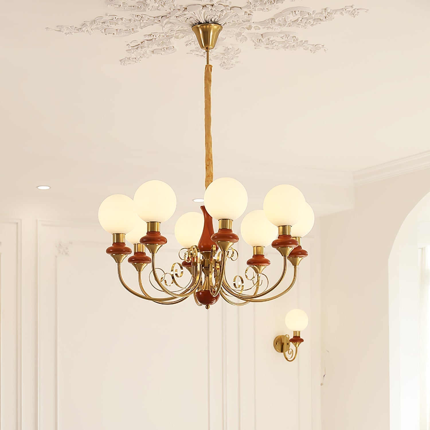 Lustra Chandelier Green Shades Gold Curved Arms - Neutral Decor