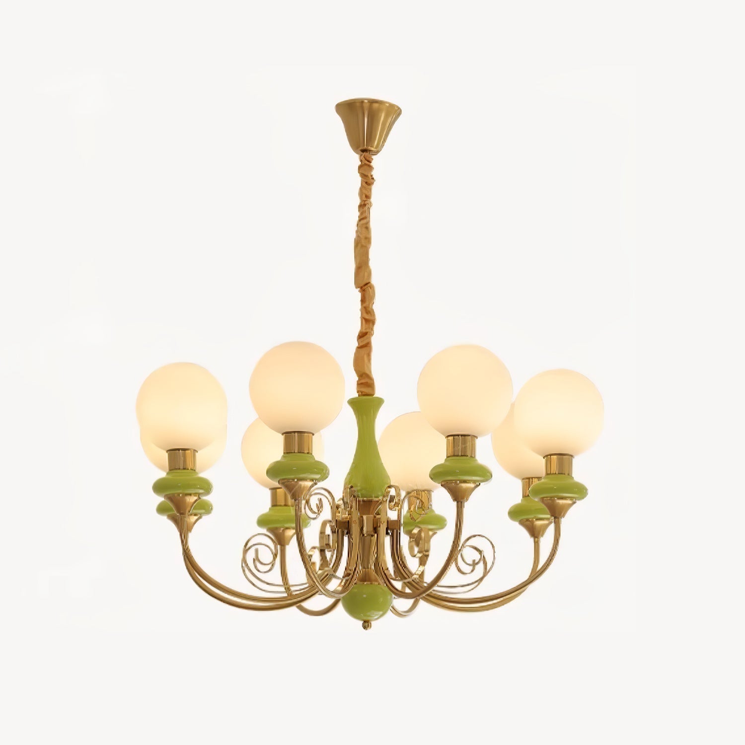 Lustra Chandelier Green Shades Gold Curved Arms - Neutral Decor