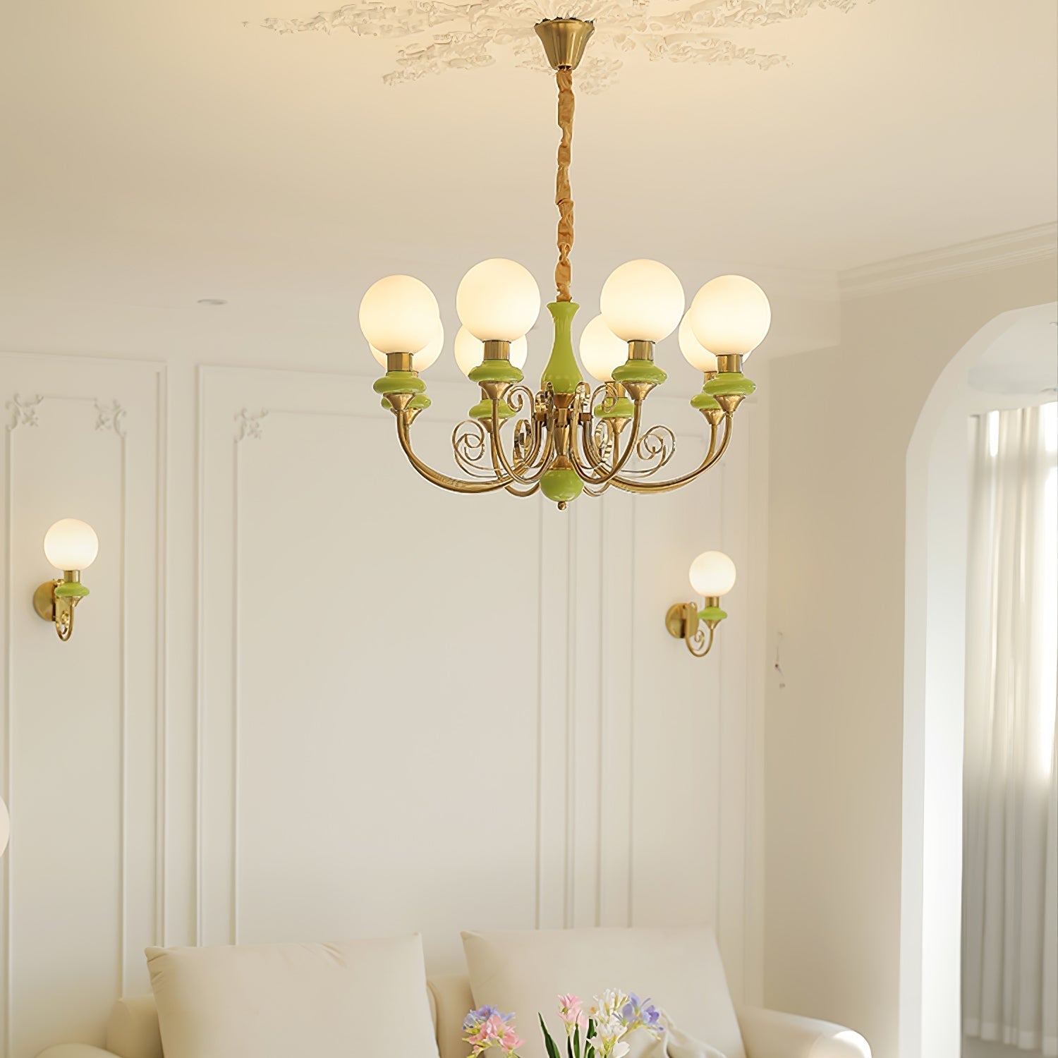 Lustra Chandelier Green Shades Gold Curved Arms - Neutral Decor